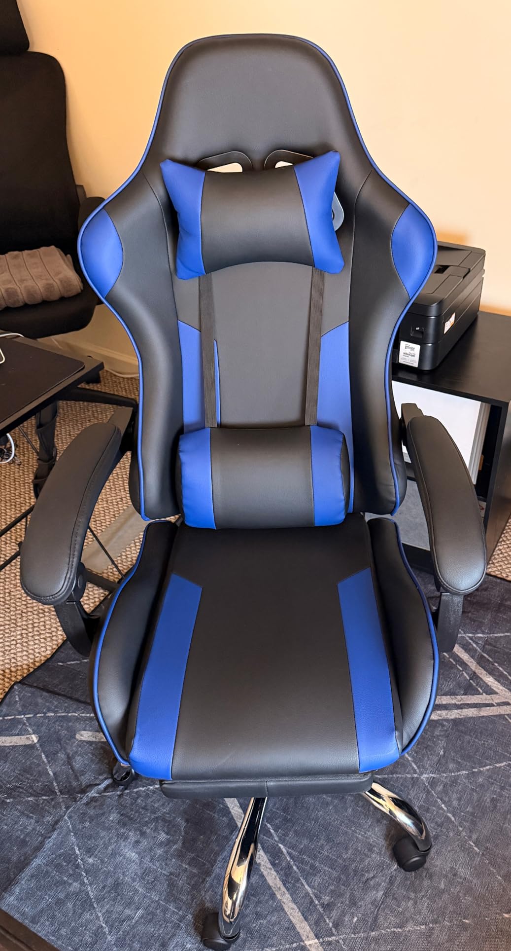 DUMOS Ergonomic Gaming Office Desk Chair with Linkage Armrests for Adults, Height Adjustable Computer Chair with Footrest and Headrest, PU Leather 360 Degree Swivel Recliner with Lumbar Support, Deep Blue customer photo 1