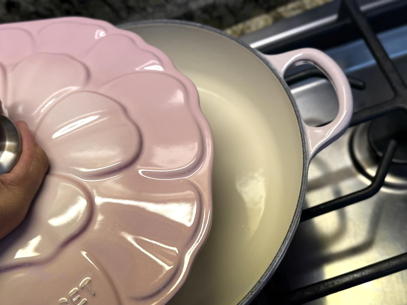 Le Creuset Enameled Cast Iron Signature Petal Braiser, 2.25 qt., Chiffon Pink w/Light Gold Knob customer photo 1
