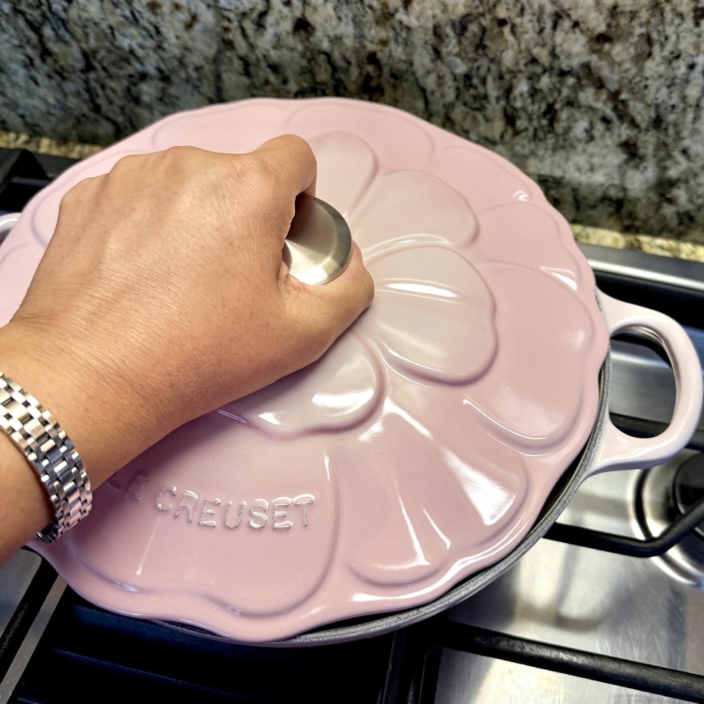 Le Creuset Enameled Cast Iron Signature Petal Braiser, 2.25 qt., Chiffon Pink w/Light Gold Knob customer photo 2