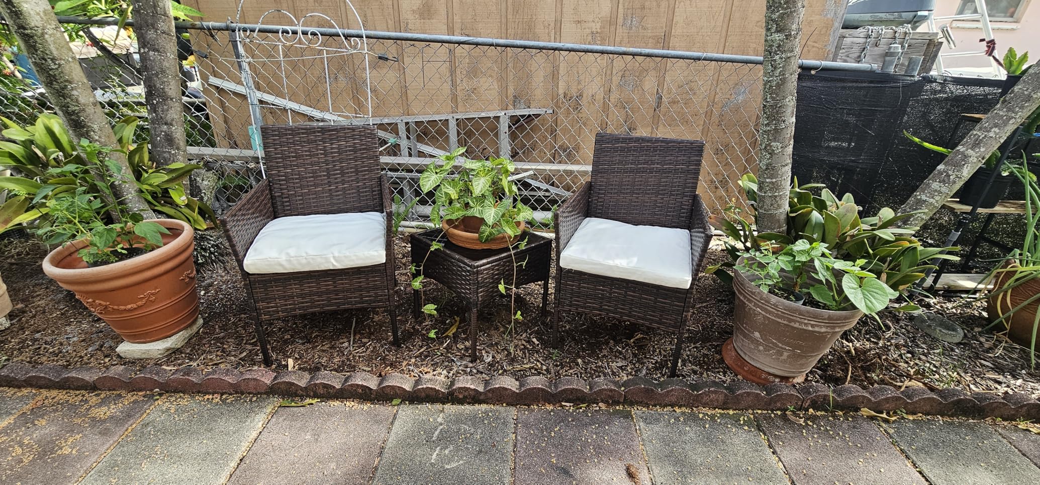 Sweetcrispy 3 Piece Patio Furniture Set, All-Weather Outdoor Conversation with Removable Cushions & Tempered Glass Table, Small Wicker Bistro Set for Balcony, Porch, Backyard, Deck, Brown customer photo 1