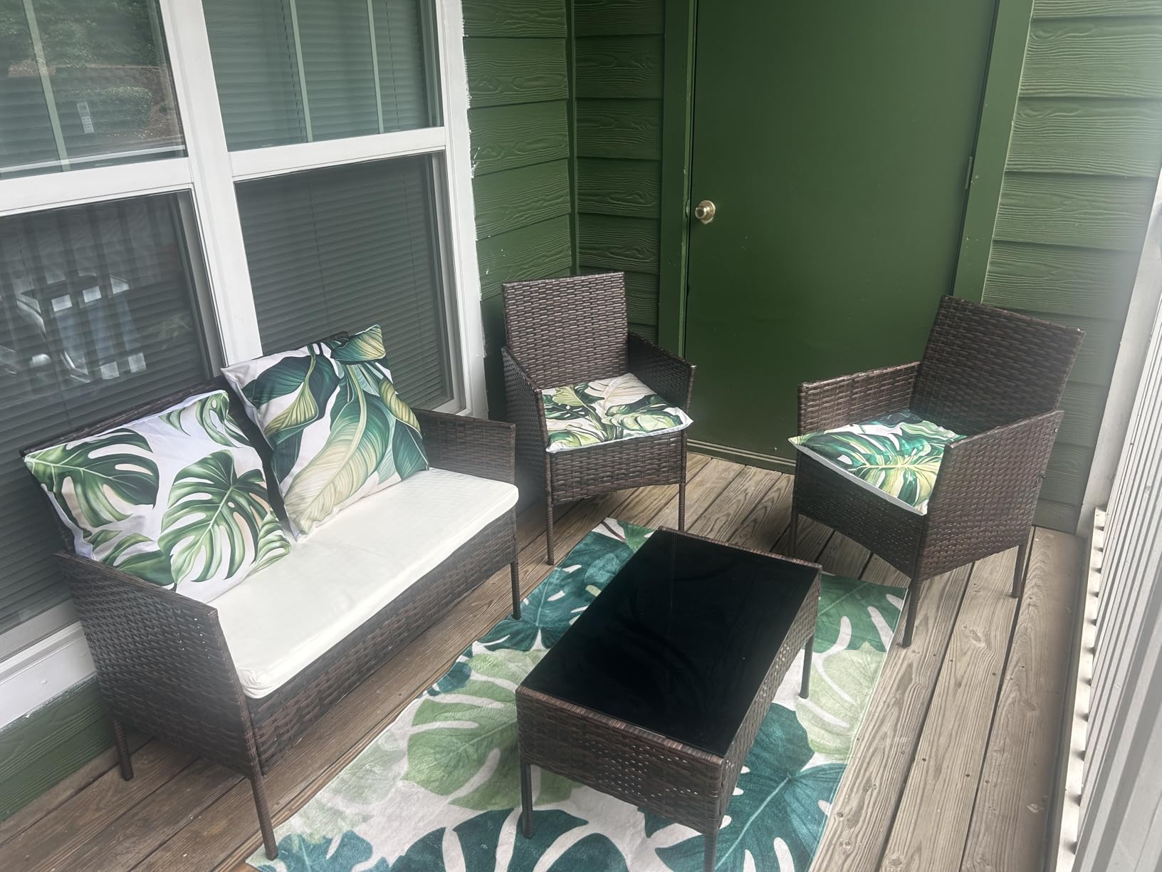 Sweetcrispy 3 Piece Patio Furniture Set, All-Weather Outdoor Conversation with Removable Cushions & Tempered Glass Table, Small Wicker Bistro Set for Balcony, Porch, Backyard, Deck, Brown customer photo 2