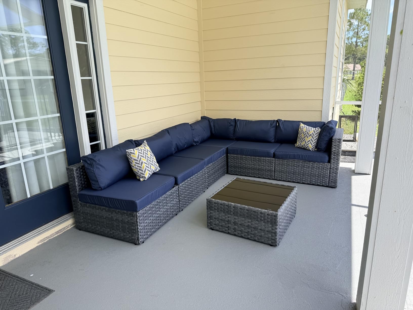 7 Piece Outdoor Patio Furniture Set, Silver PE Rattan Wicker Sectional Sofa, All Weather Conversation Set with Washable Cushions & Glass Coffee Table for Backyard Poolside Garden Porch, Navy Blue customer photo 1