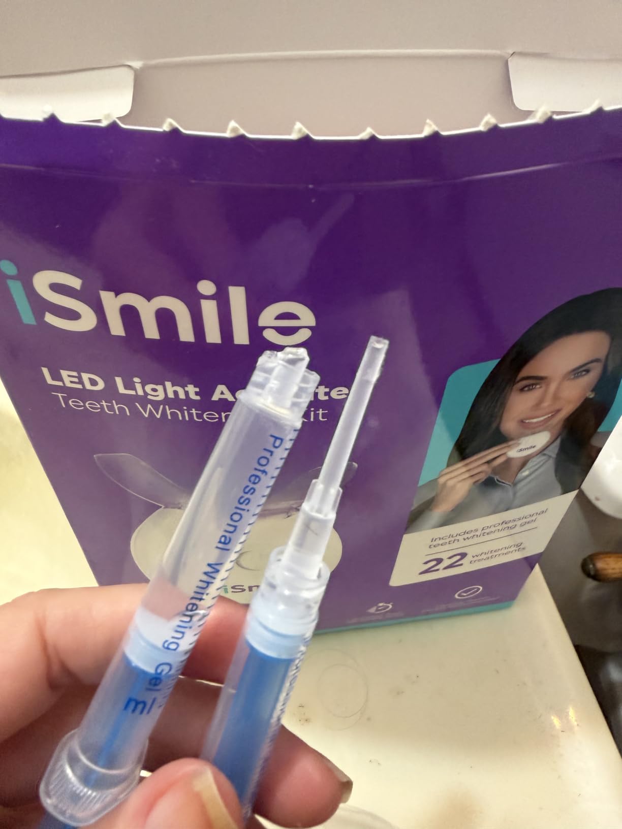 iSmile Teeth Whitening Kit - LED Light, 35% Carbamide Peroxide, (3) 3ml Gel Syringes, (1) Remineralization Gel, and Tray. customer photo 2