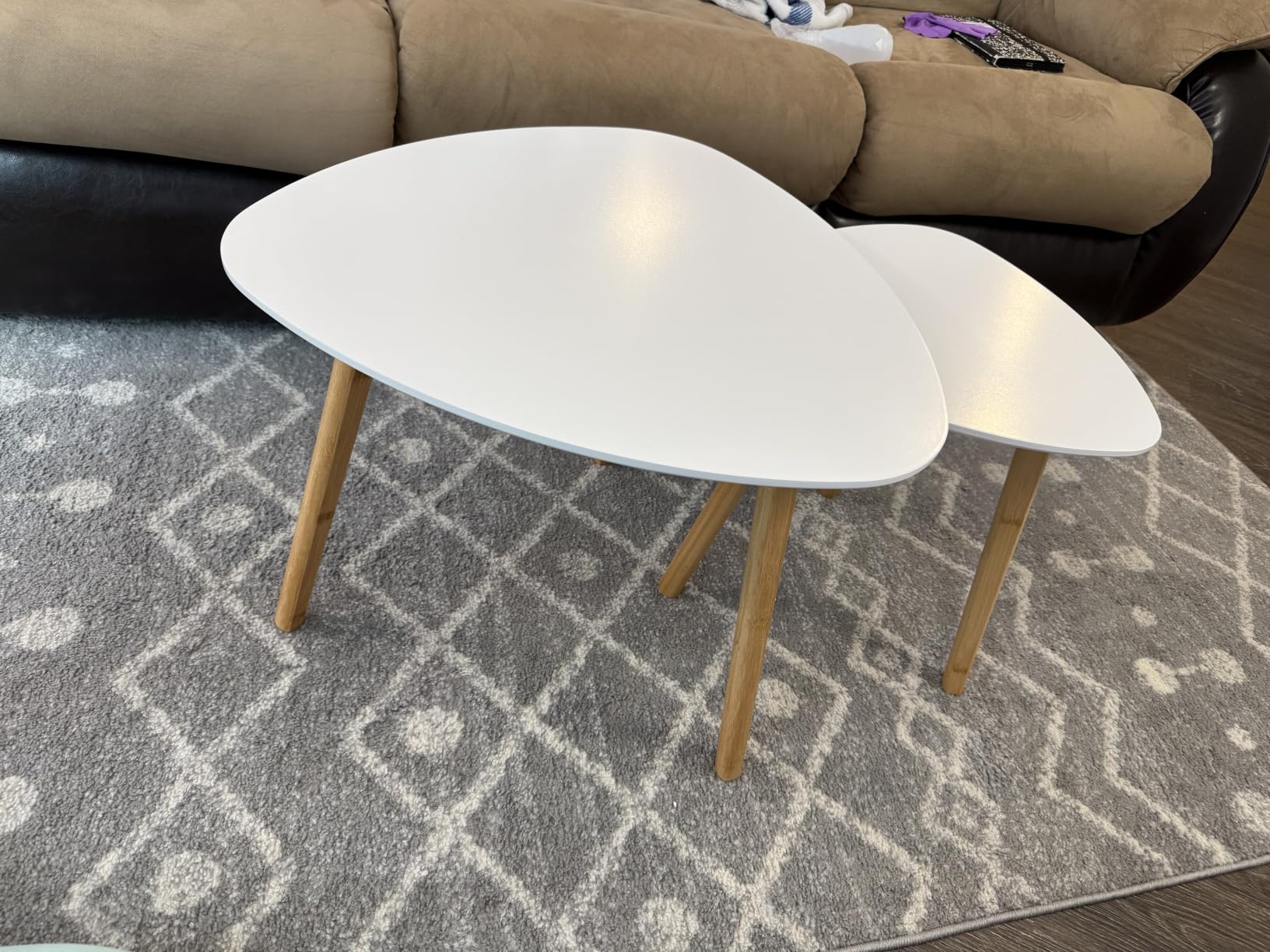 BAMEAS Bamboo Nesting Triangle End Table, Set of 2 Side Table Modern Minimalist Coffee Table for Living Room, Balcony in White customer photo 2
