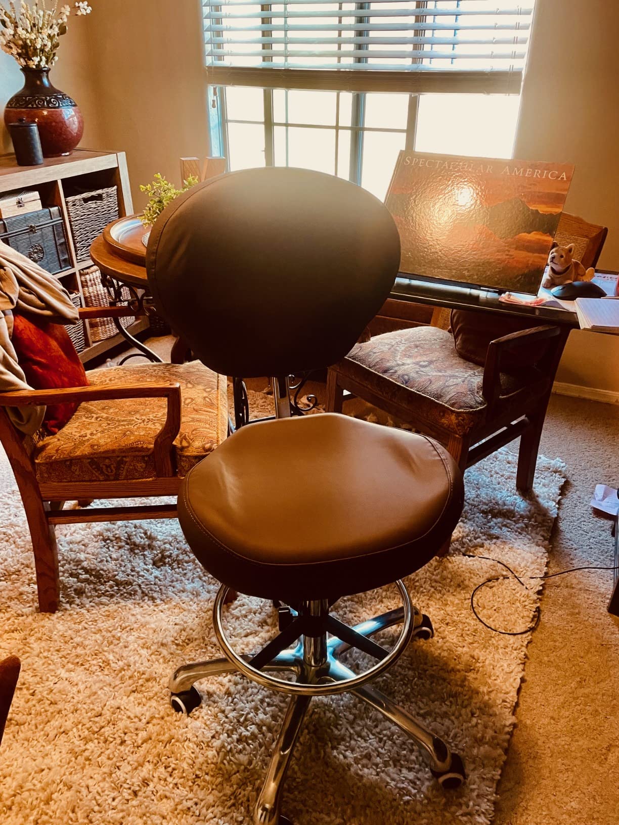 Kaleurrier Adjustable Stool Drafting Chairs: Tall Office Chair for Standing Desk with Backrest & Foot Rest - Ergonomic Drafting Stools with Rolling Wheels for Shop Studio Dental Salon Home(Black) customer photo 2