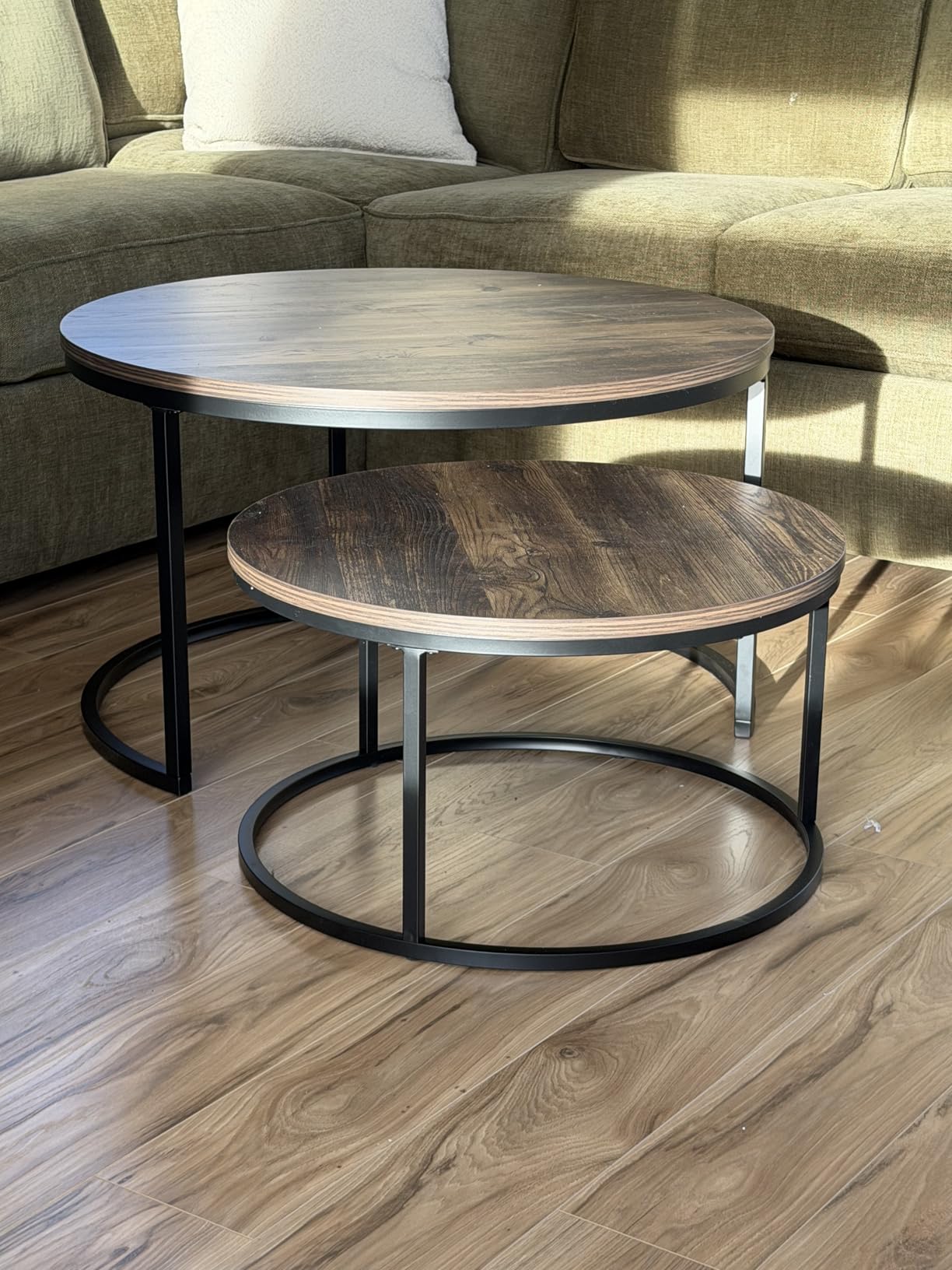 Nathan James Stella Round Modern Nesting Coffee Set of 2, Stacking Living Room Accent Tables with an Industrial Wood Finish and Powder Coated Metal Frame, Warm Nutmeg/Matte Black customer photo 1