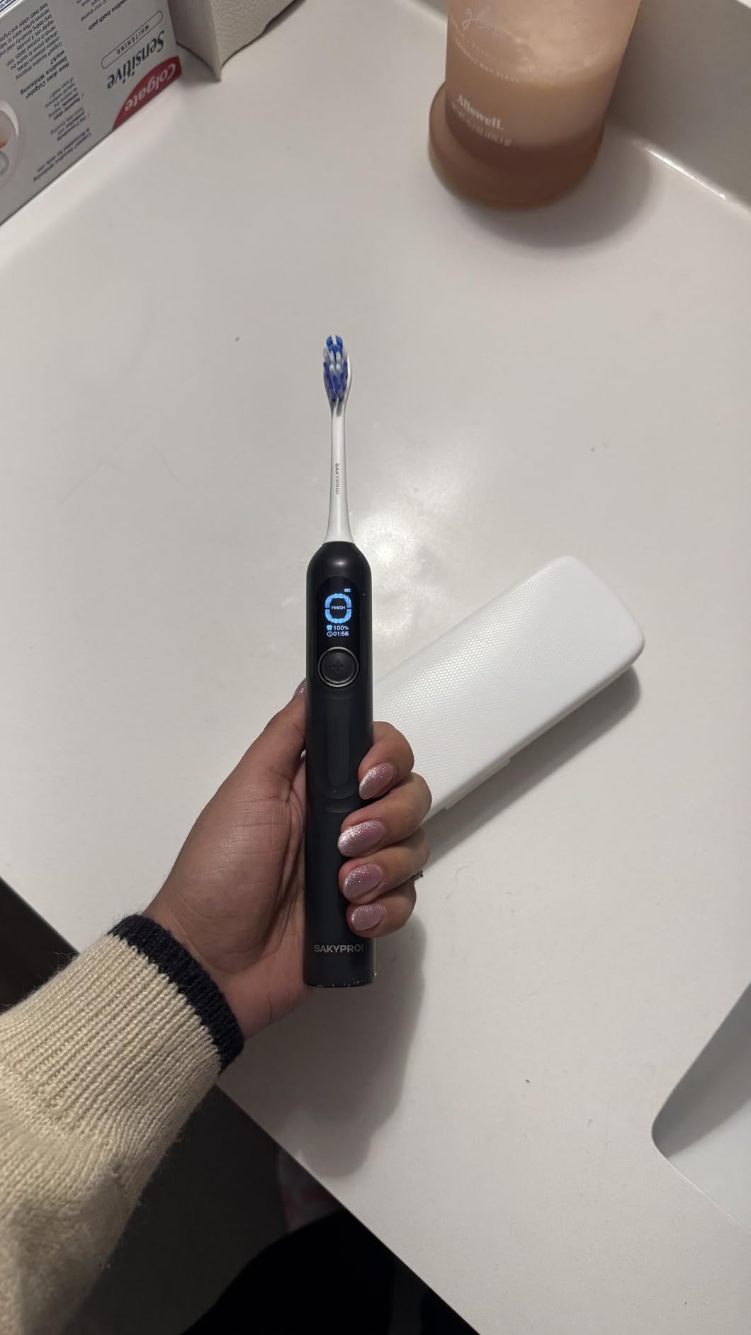 SAKYPRORAL Kids Electric Toothbrush for Boys Teens (6-15Y), Smart Screen with Brushing Score, Soft Bristles, Visual Timer for Braces, 150 Days Battery with Travel Case (Blue) customer photo 2