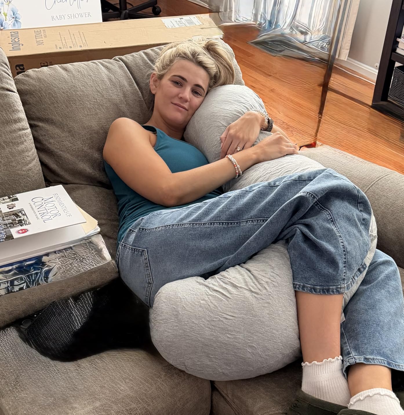 Momcozy Pregnancy Pillows for Side Sleeping, J Shaped Maternity Body Pillow for Pregnancy, Soft Pregnancy Pillow with Jersey Cover for Head Neck Belly Support, Grey customer photo 1