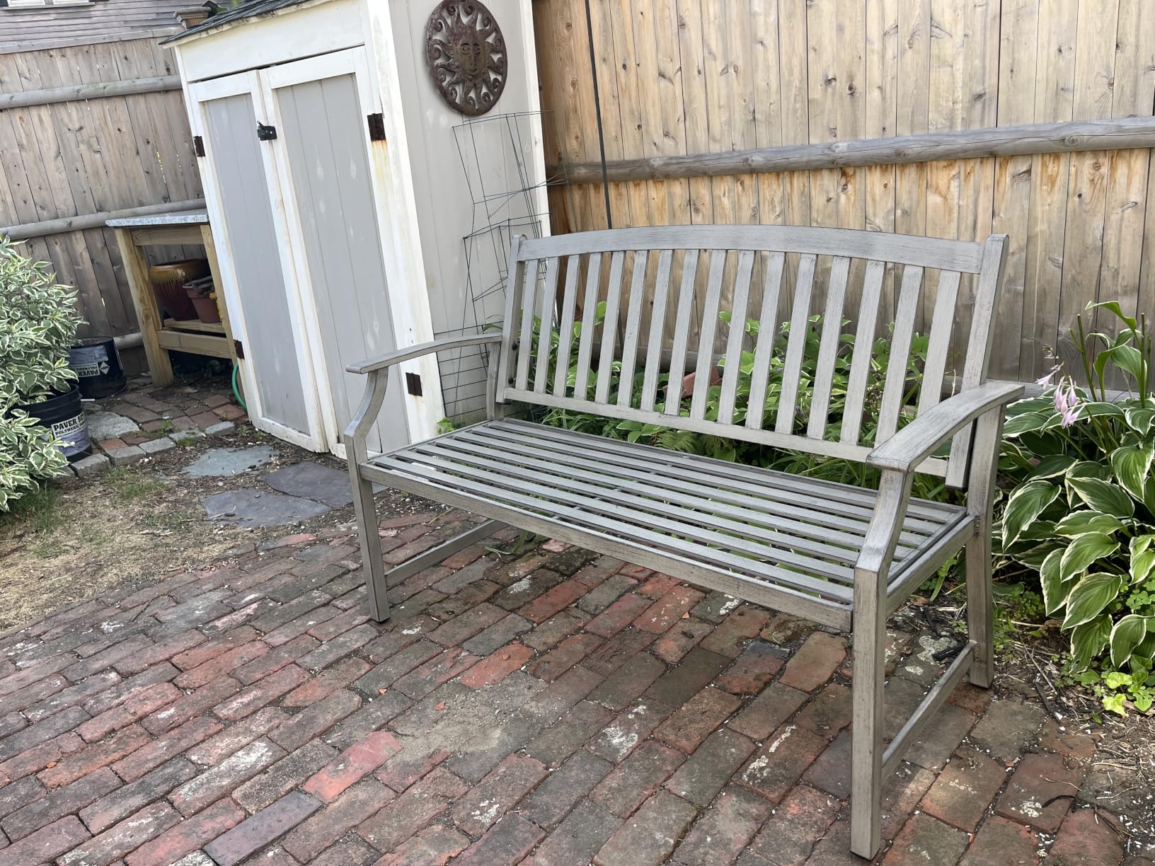 Grand patio 52 Farmhouse Outdoor Bench, Garden Benches with Anti-Rust Aluminum Powder Coated Frame, Faux Wood Grain Finish Frame Patio Bench for Front Porch, Northwoods Brown customer photo 1