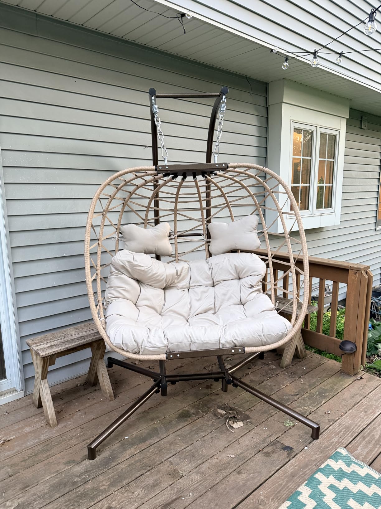 Cozy Hanging Egg Chair with Stand Indoor Outdoor, Wicker Patio Basket Swing Chair with Cushion and Golden Legs, 350lbs Durable Sturdy Egg Hammock Chairs for Deck Balcony Backyard Porch, Cream customer photo 1