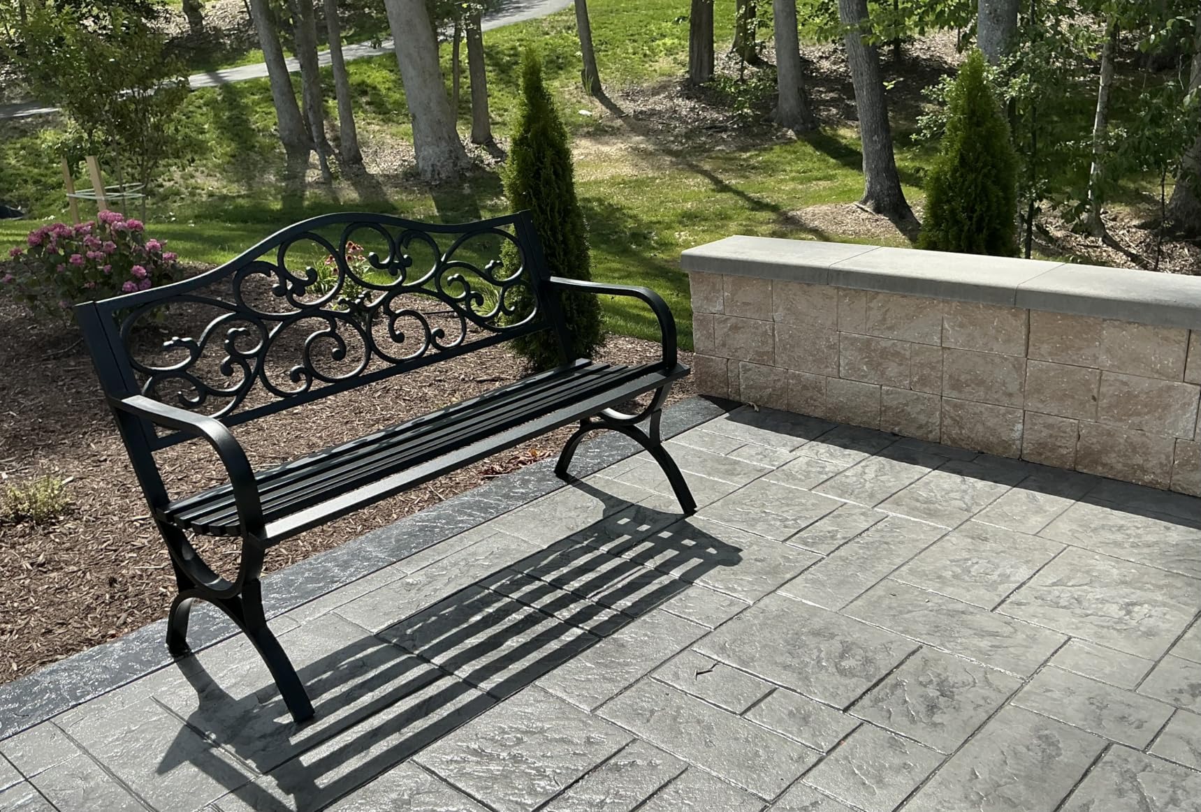 MFSTUDIO 50 Inches Outdoor Garden Bench, Cast Iron Metal Frame Patio Park Bench with Floral Pattern Backrest, Arch Legs for Porch, Lawn, Yard-Bronze customer photo 1