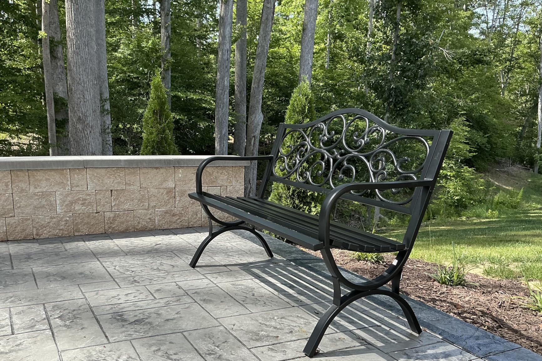 MFSTUDIO 50 Inches Outdoor Garden Bench, Cast Iron Metal Frame Patio Park Bench with Floral Pattern Backrest, Arch Legs for Porch, Lawn, Yard-Bronze customer photo 2