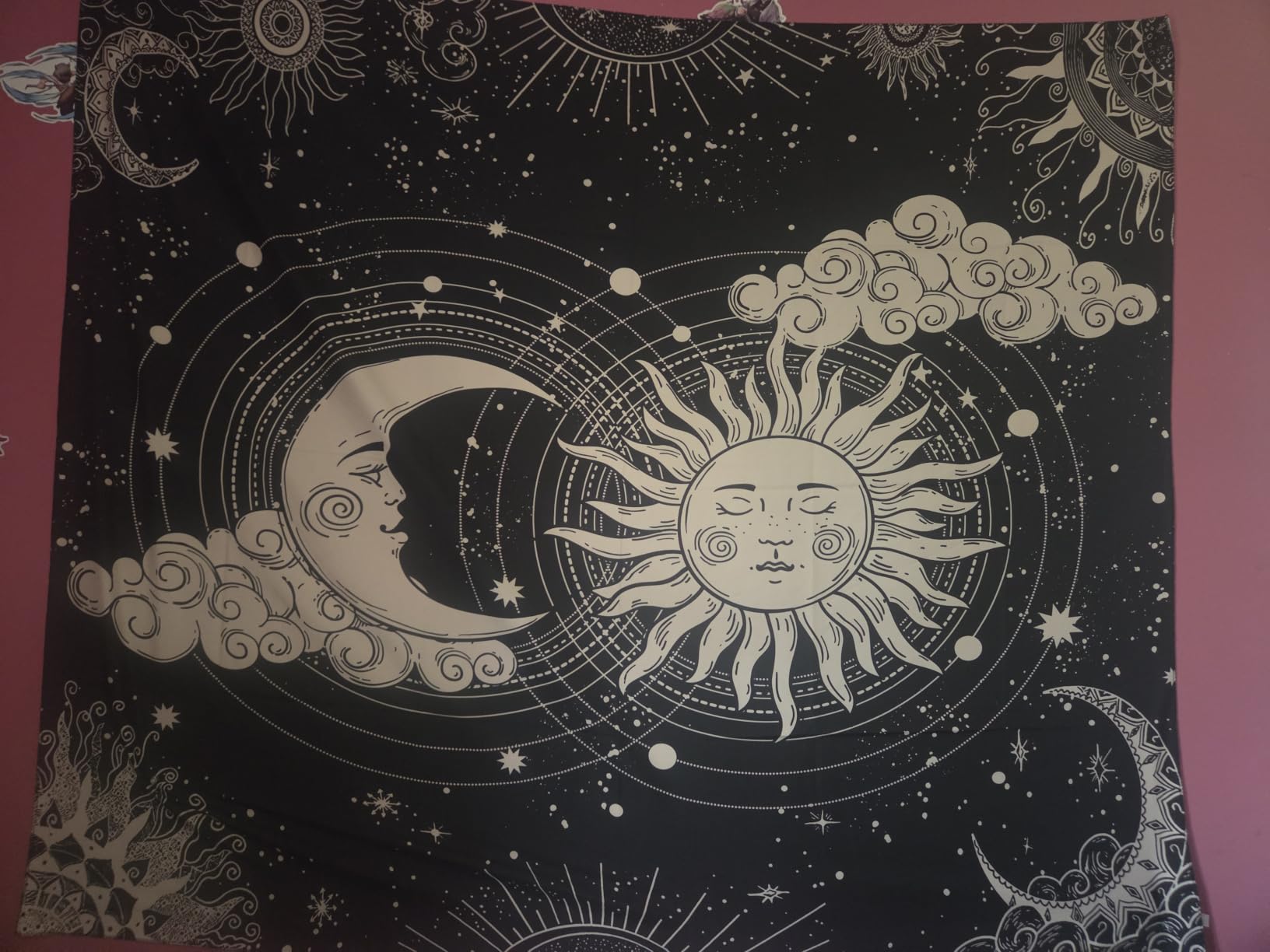 Wonrizon Sun and Moon Tapestry, Aesthetic Black Dark Spiritual Tapestries Mystic Burning Sun with Clouds Star Wall Hanging decor for Bedroom (51.2