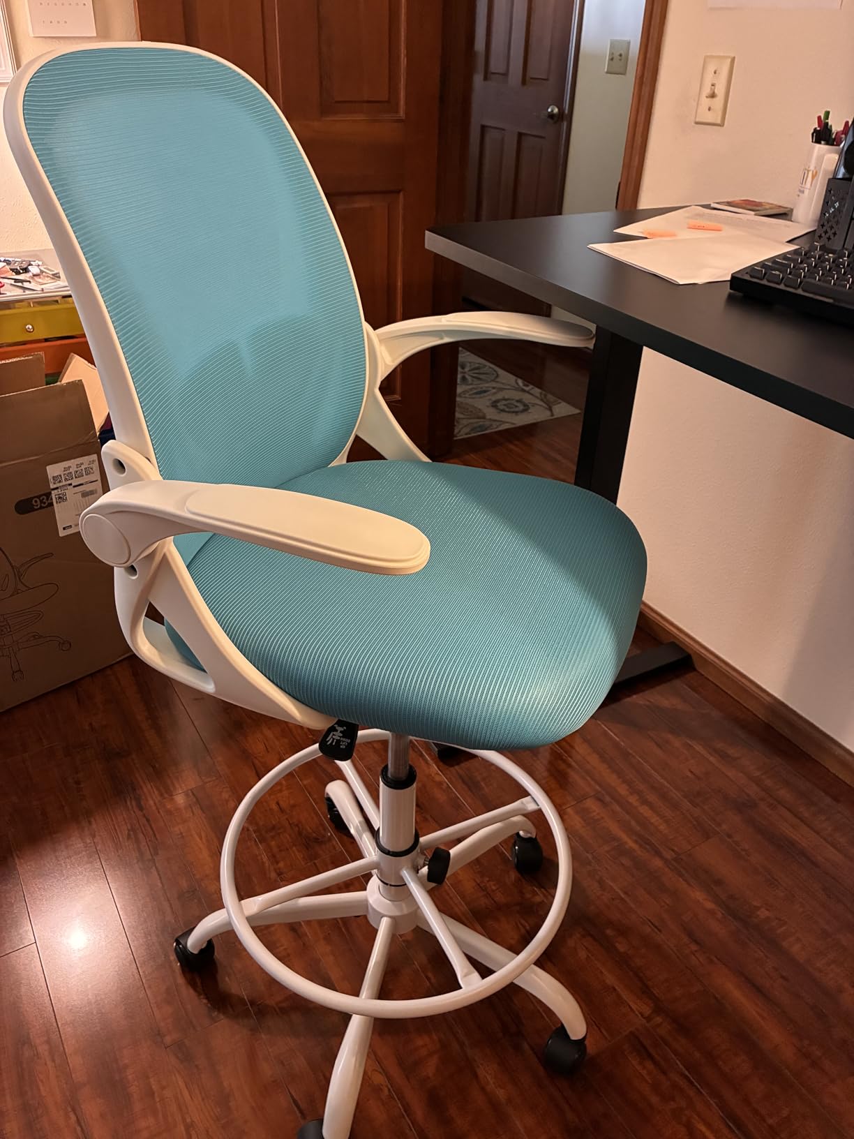 Primy Drafting Chair Tall Office Chair with Flip-up Armrests Executive Ergonomic Computer Standing Desk Chair with Lumbar Support and Adjustable Footrest Ring (Black) customer photo 1