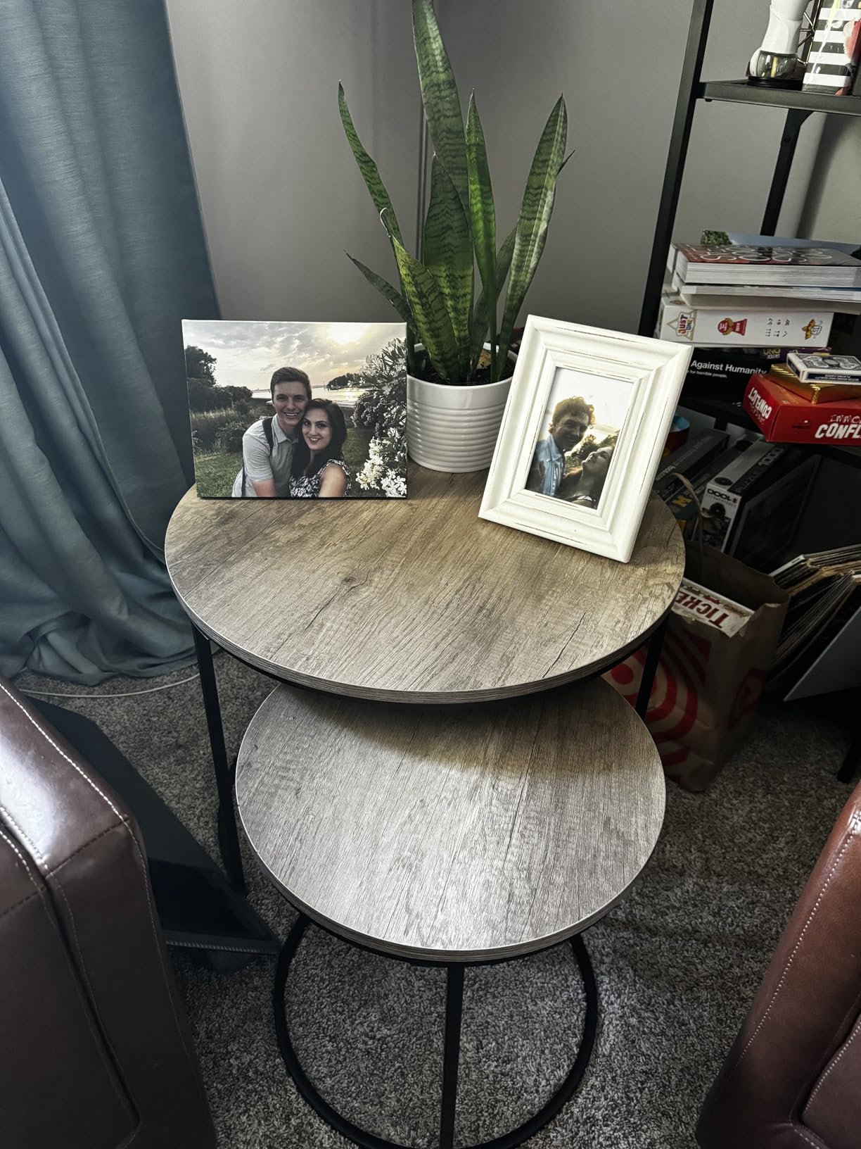 Yaheetech Small Round Nesting Coffee & Side Table Set of 2, Rustic Brown | Space-Saving Nesting Design, Engineered Wood Tops on Black Metal Frames, Use Apart as End Tables, Easy Assembly, 99 lb Max customer photo 2