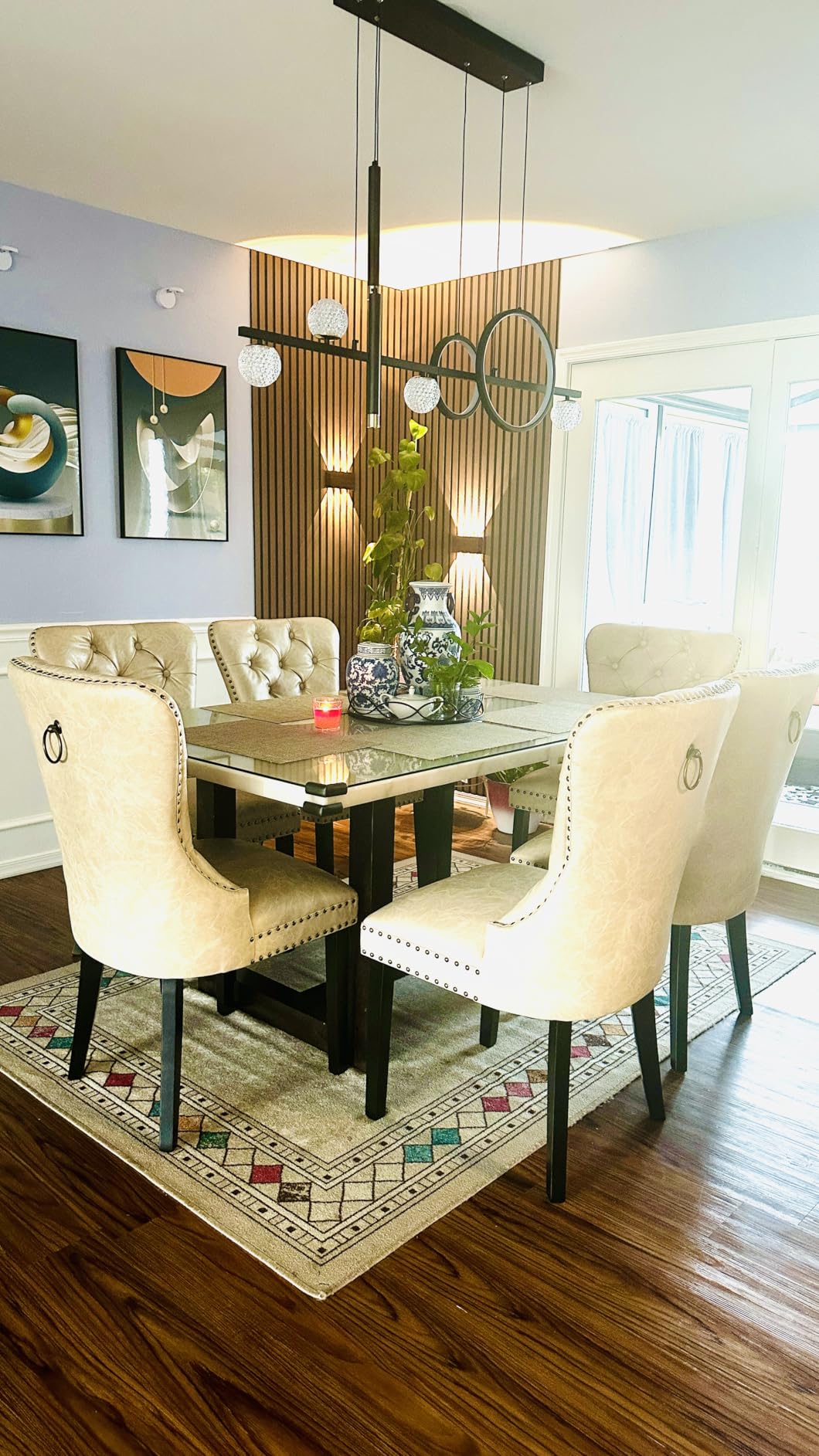 EALSON Modern Dining Chairs Set of 6 Mid Century Leather Dining Room Chairs with Wood Legs Tufted Upholstered Kitchen Side Chairs with Nail Head Trim for Dining Room/Living Room, Brown with Ring customer photo 1