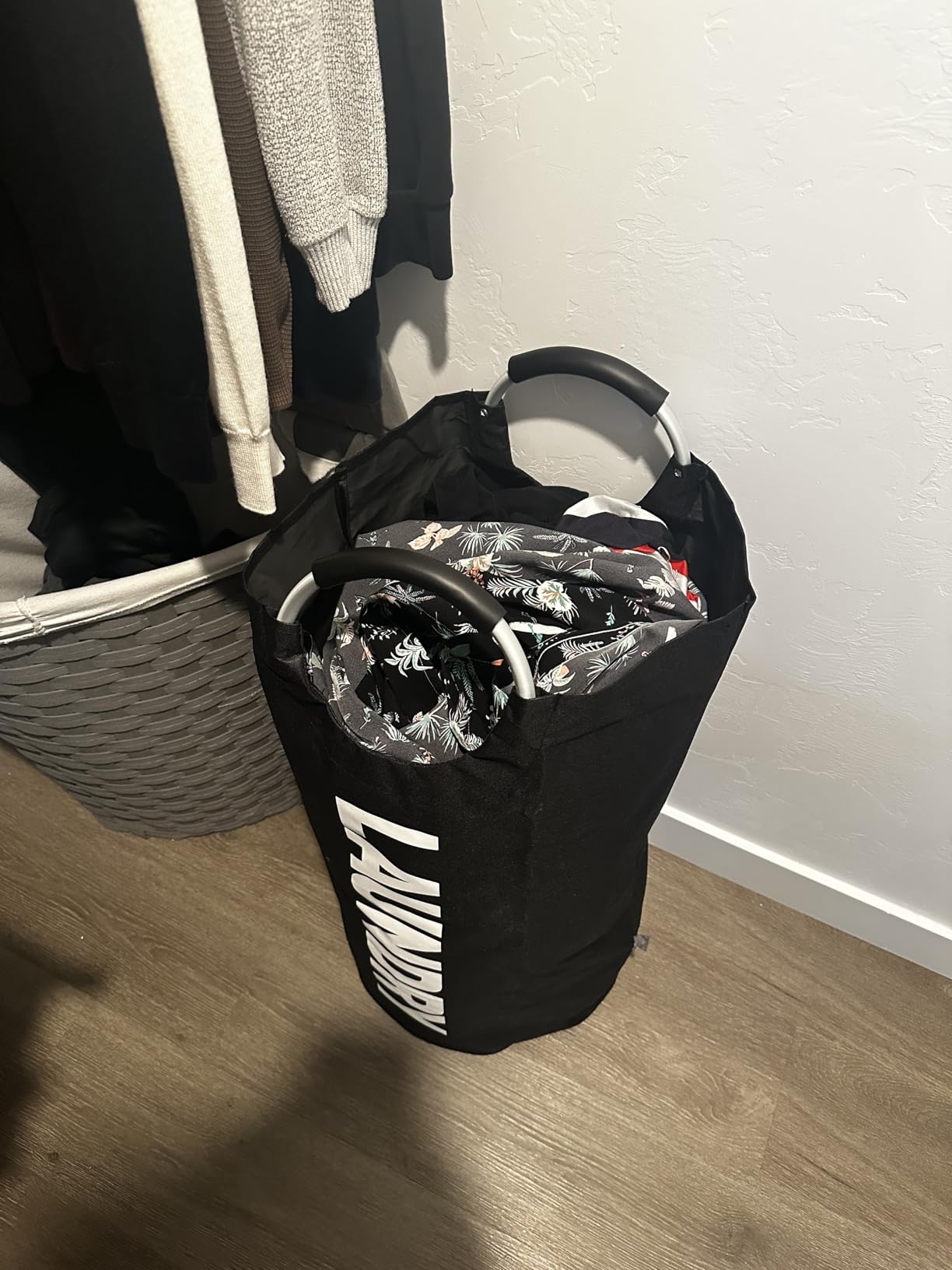 DOKEHOM 90L Large Laundry Basket, Collapsible Laundry Bag, Freestanding Tall Clothes Hamper, Foldable Washing Bin (Black) customer photo 1