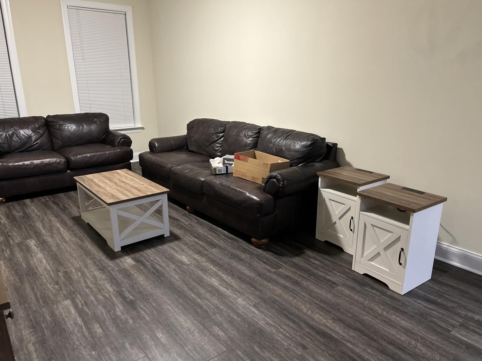AMERLIFE 3 Piece Farmhouse Living Room Coffee Table Set, Distressed White | Coffee Table & 2 End Tables with Charging Station and USB Ports, Farmhouse Style, Barn Door Design, Living Room Furniture customer photo 2
