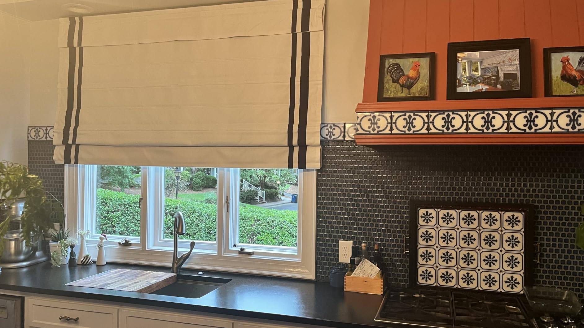 Cordless Roman Shades, Blackout Roman Shades, White Embroidered Blue Border Window Shades for Windows, Doors, Kitchen Windows customer photo 2