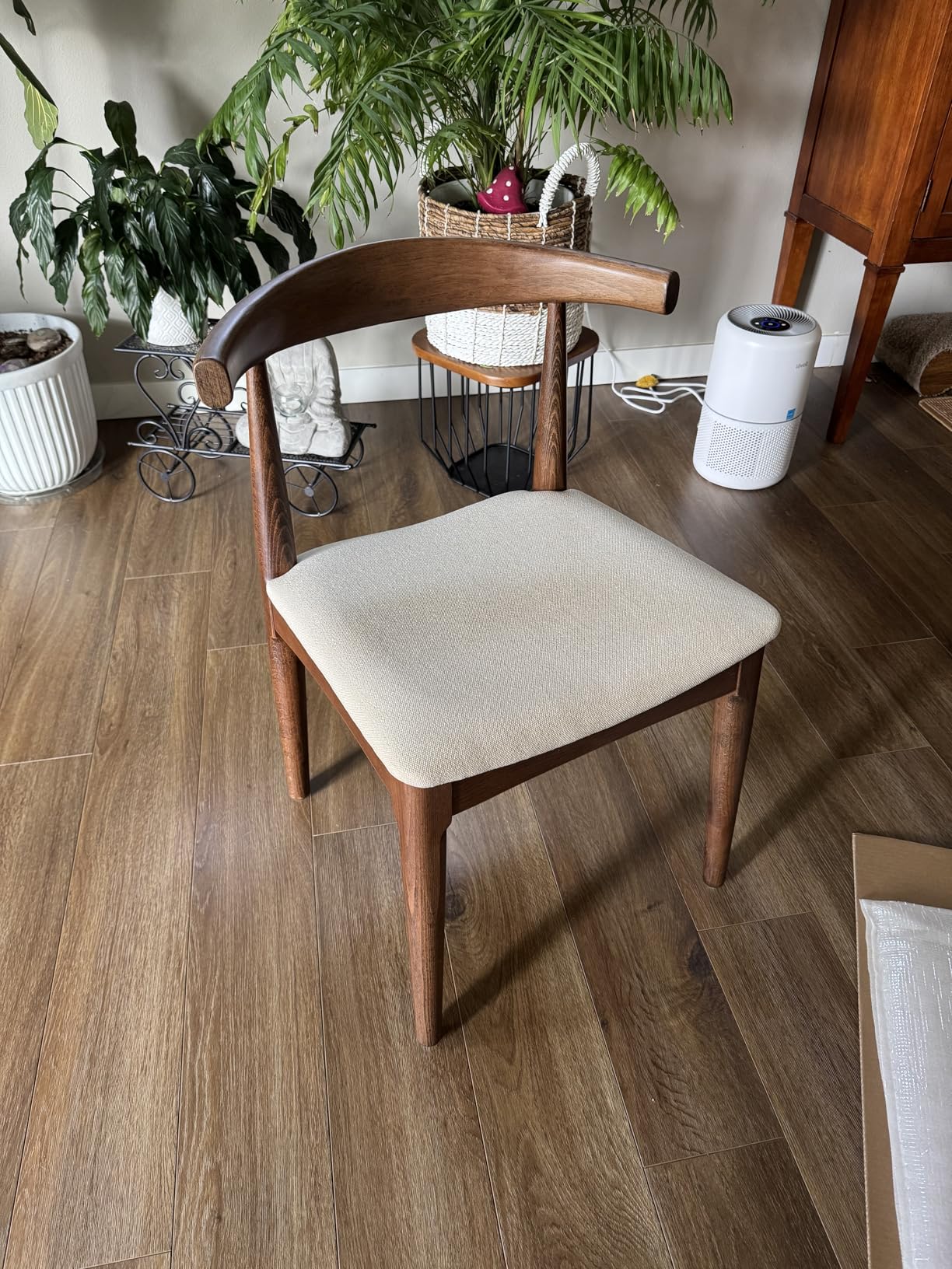 2xhome Set of 2 Solid Wooden Dining Chairs, Upholstered Beige Cloth Linen Cushioned Seat, Modern Farmhouse Elbow Side Chair, Home, Kitchen, Office, Meetings (Espresso) customer photo 2