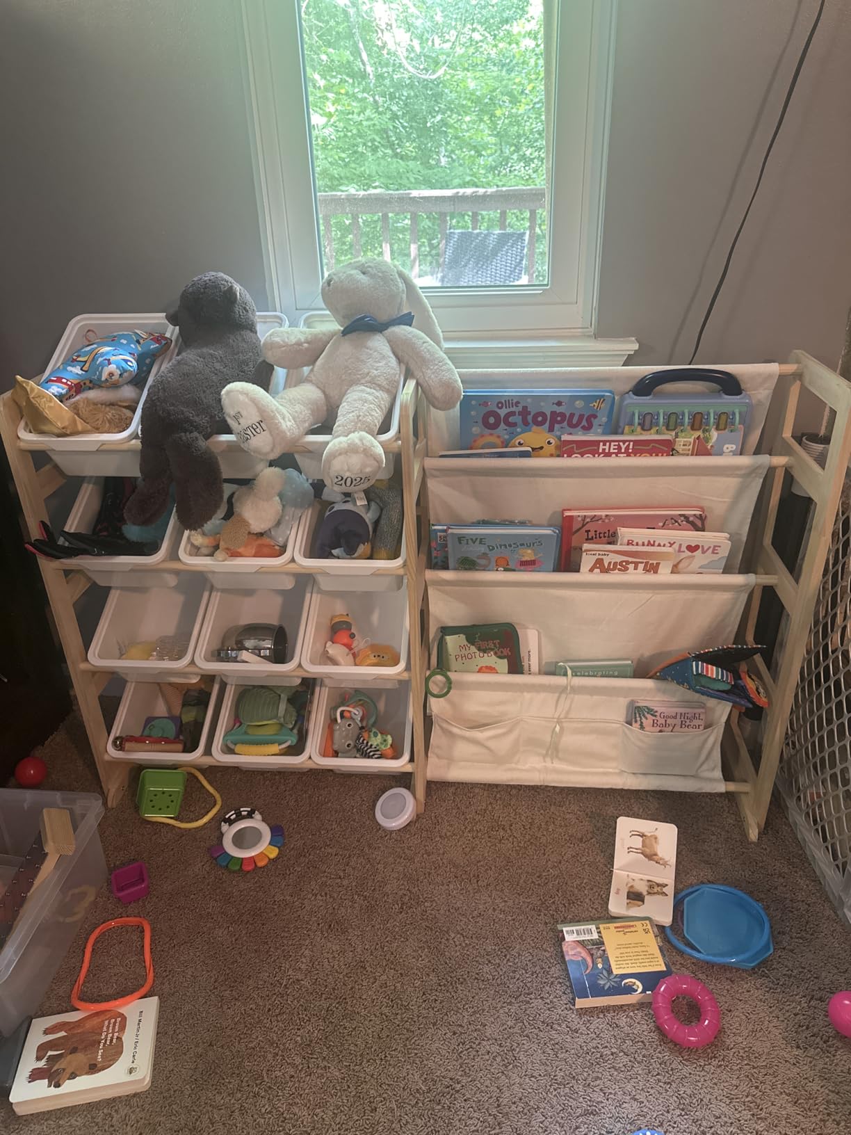 EXPERLAM Toy Storage Organizer with Bookshelf, Kids Toy Organizer and Storage Shelf with 12 White Bins, Solid Pine Wood Book Rack for Playroom, Nursery, Kids Room customer photo 2