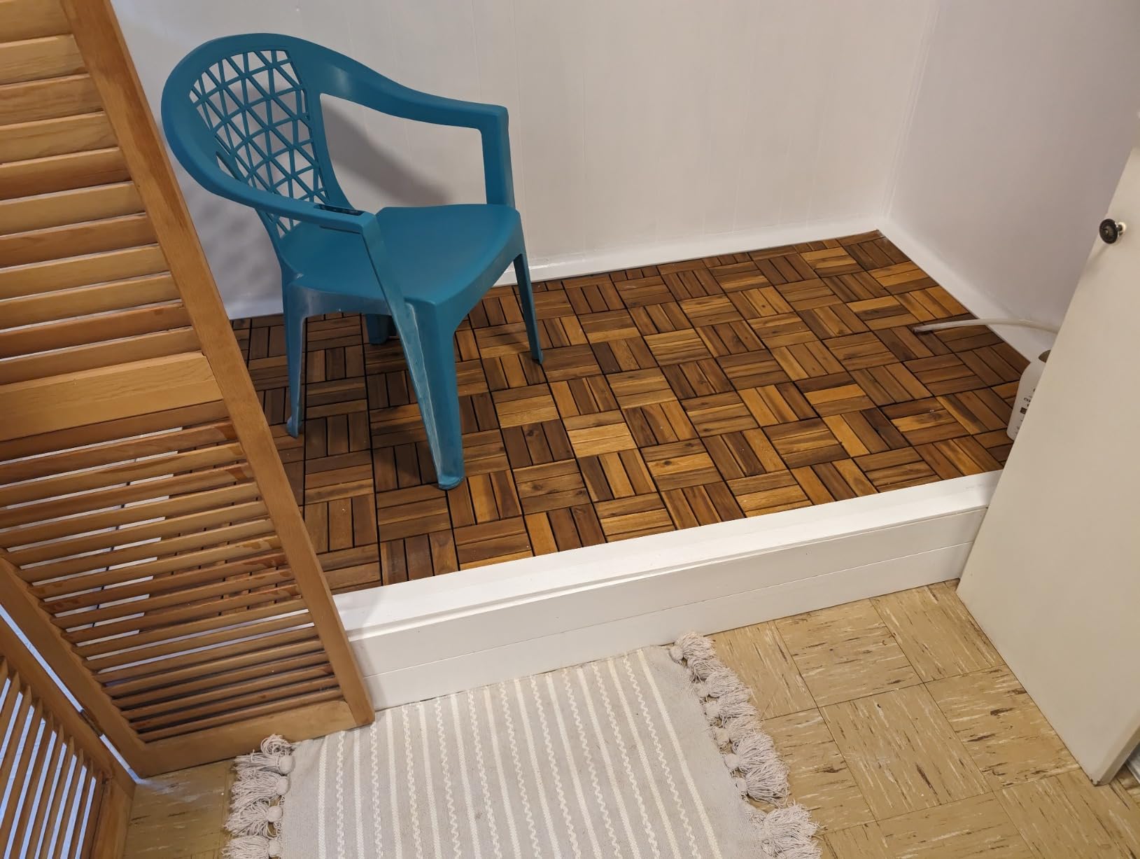 Teak Deck Tiles (Pack of 9) Hardwood Interlocking Patio Deck Tiles, Teak Wood Deck Tiles Interlocking Outdoor, Patio Tiles Outdoor Interlocking Waterp (9, Natural, 12 Slat) customer photo 1
