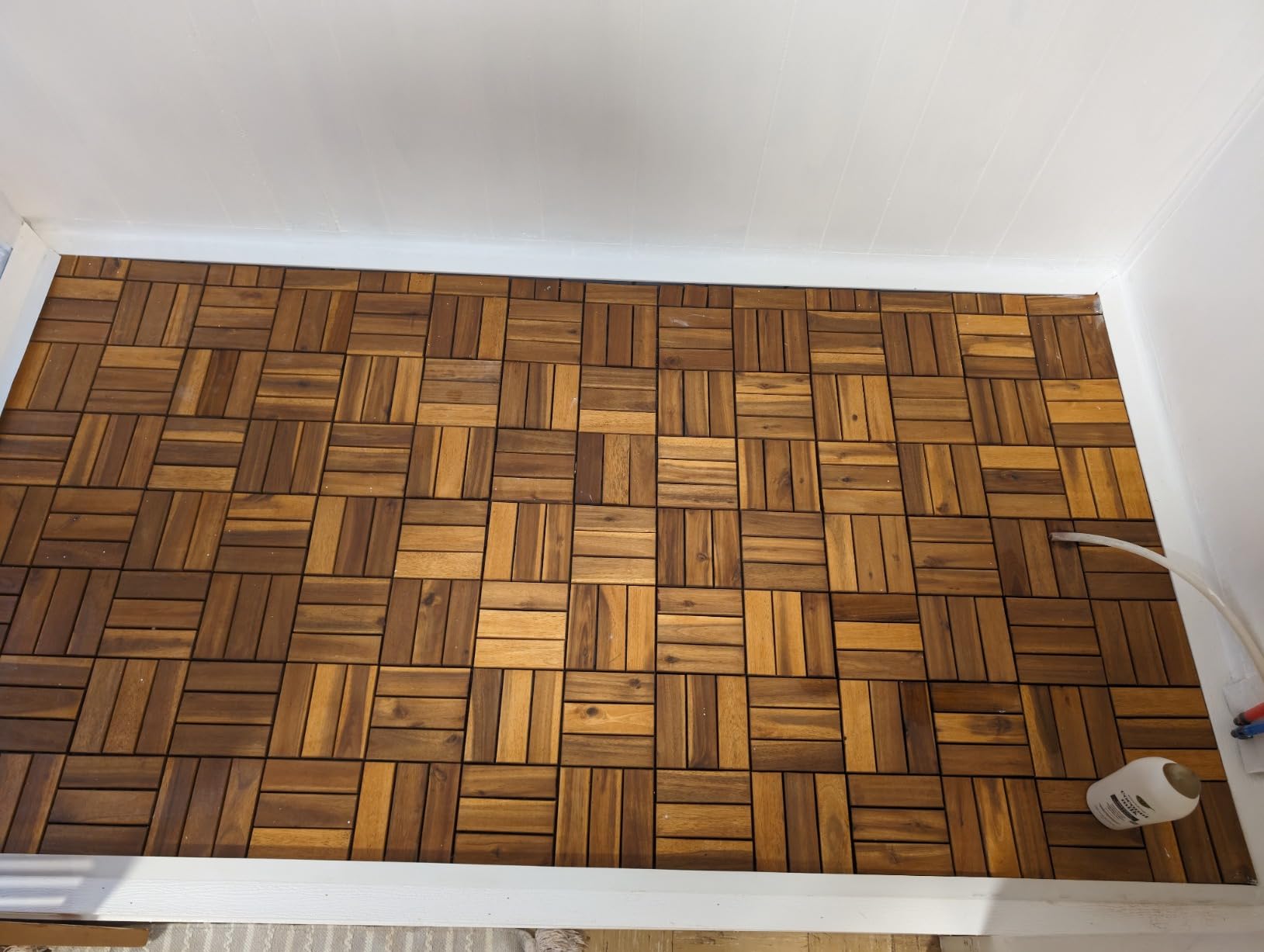Teak Deck Tiles (Pack of 9) Hardwood Interlocking Patio Deck Tiles, Teak Wood Deck Tiles Interlocking Outdoor, Patio Tiles Outdoor Interlocking Waterp (9, Natural, 12 Slat) customer photo 2