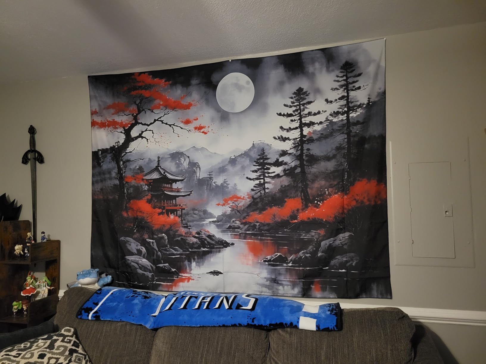 Atrippy Anime Japanese Wall Tapestry for Bedroom Aesthetic, Black Forest Moon Tapestry Wall Hanging, Vintage Nature Mountain Art Decor Tapestries Dark Landscape Backdrop for Living Room 51