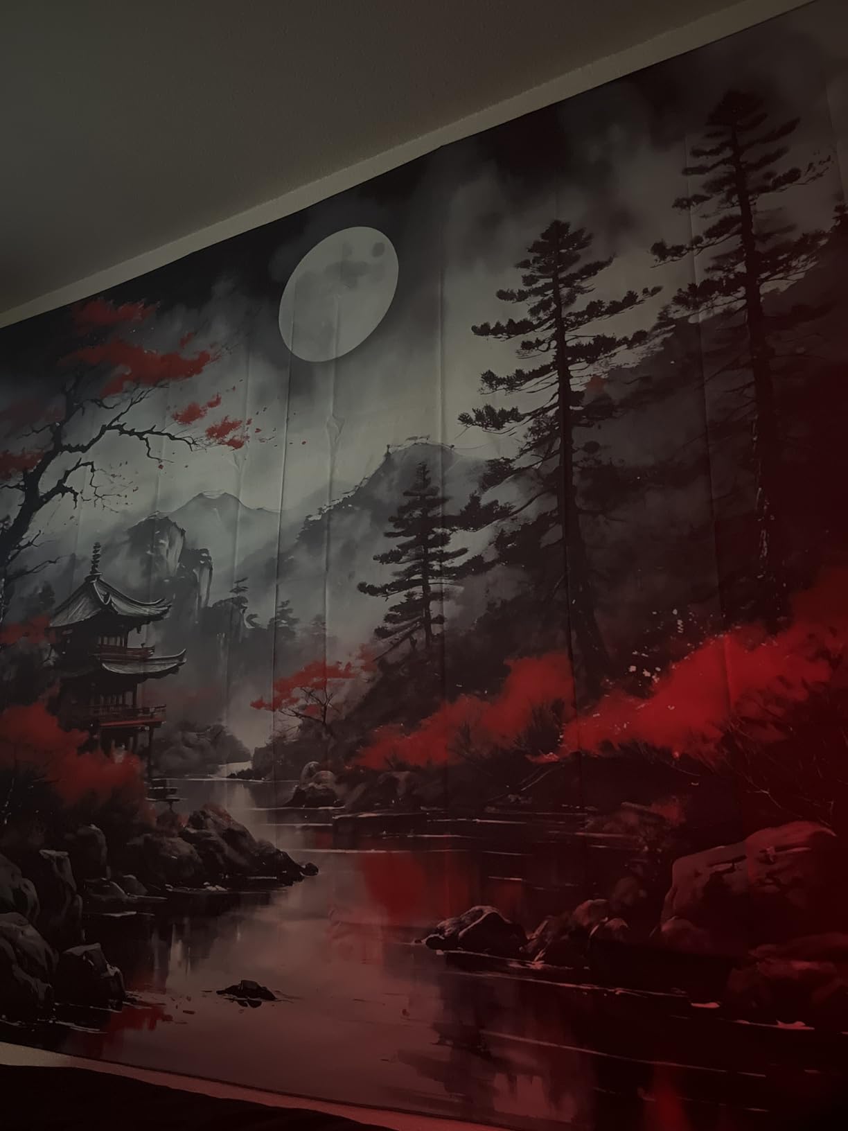 Atrippy Anime Japanese Wall Tapestry for Bedroom Aesthetic, Black Forest Moon Tapestry Wall Hanging, Vintage Nature Mountain Art Decor Tapestries Dark Landscape Backdrop for Living Room 51