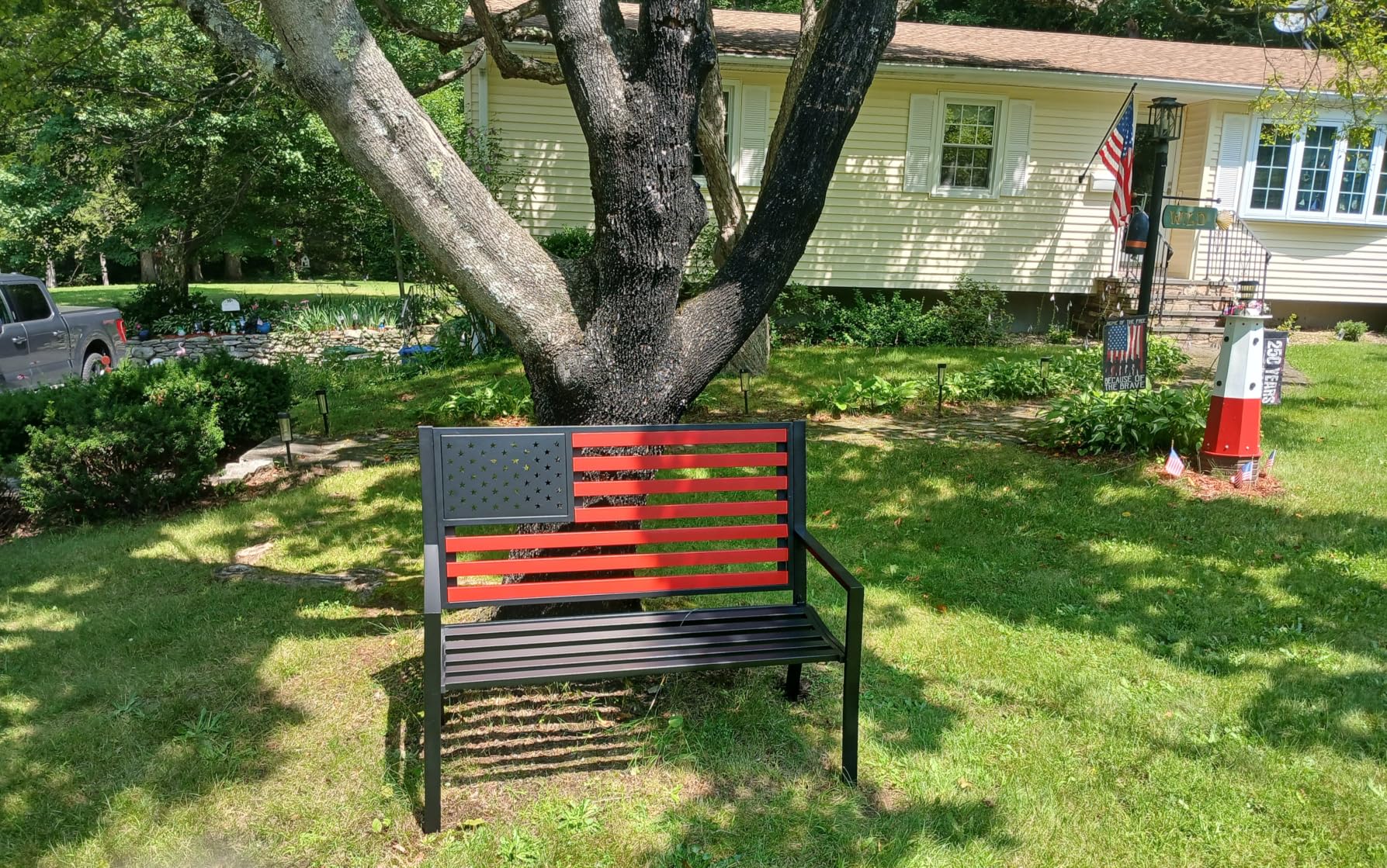 Best Choice Products Outdoor Bench 2-Person Steel Indoor/Outdoor Bench for Garden, Patio, Porch, Entryway w/American Flag, 790lb Capacity - Black customer photo 1