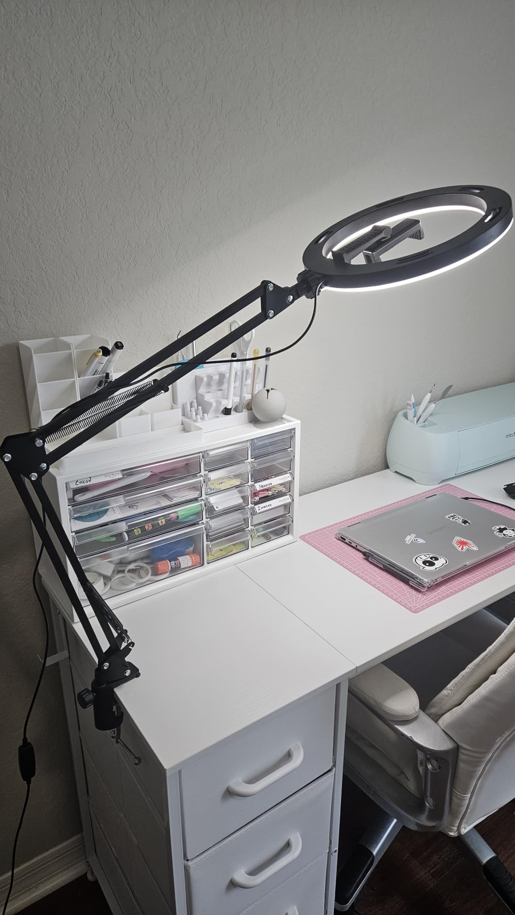 InnoGear Overhead Phone Mount Ring Light with Stand for Desk Canvas Lamp | Cooking Videos, Desk Clamp, Arm Stand, Calls, Adjustable Brightness, 3 Color Modes, Selfie, Phone, Sturdy customer photo 1
