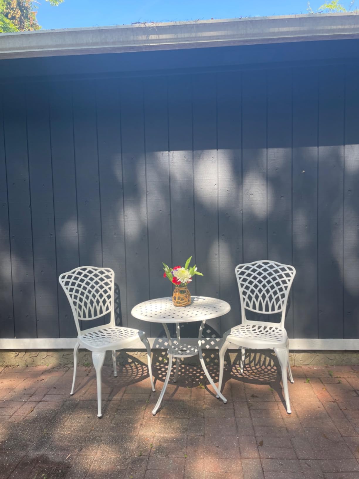 3 Piece Outdoor Dining Set, Cast Aluminum Bistro Set with Umbrella Hole, All Weather Patio Furniture Set, Small Patio Dining Set for Garden/Balcony/Deck Bronze (Flower Backrest) customer photo 1