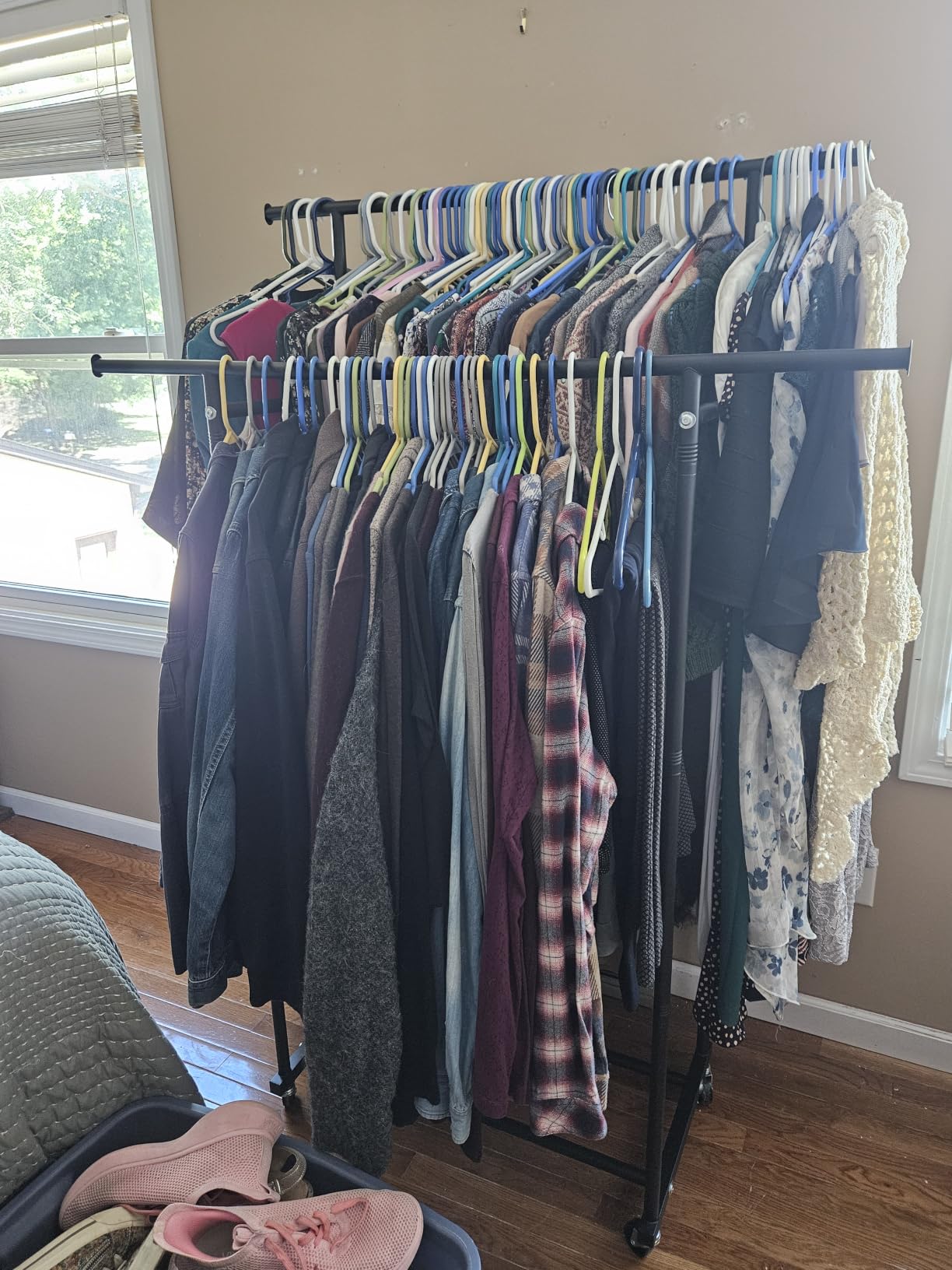 HYSEYY Double Rods Clothes Rack, Rolling Clothing Rack for Hanging Clothes Portable Wardrobe Rack, Metal Garment Rack Sturdy Coat Rack for Bedroom Laundry Living Room, Black customer photo 1