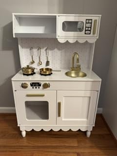 Best Choice Products Toddler Kitchen Playset, Wooden Cottage Kids Play Kitchen with 5 Accessories, Toy Storage, Scalloped Edge, and Pretend Play Microwave, Oven, Clicking Knobs - Cream customer photo 1