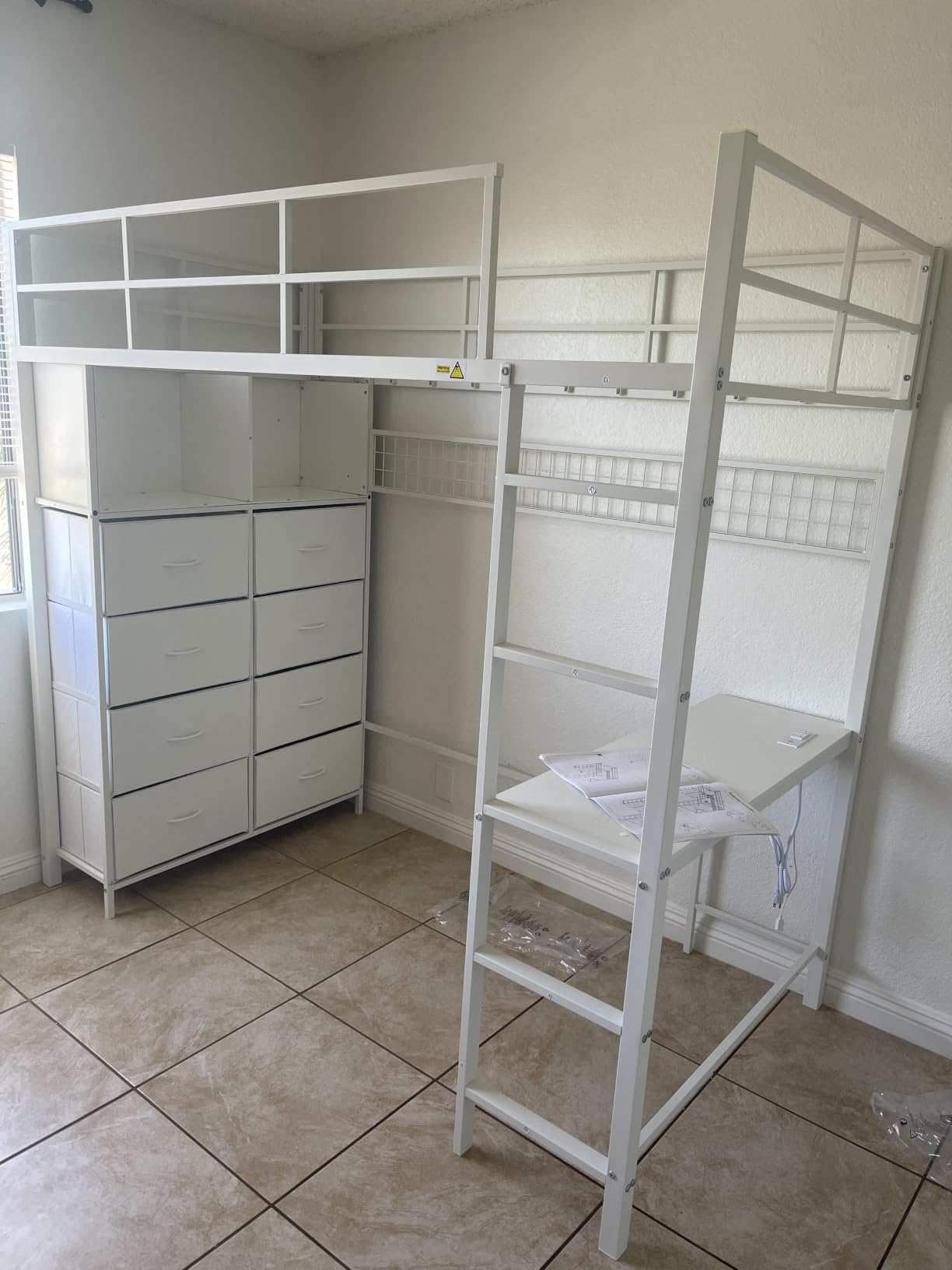 ADORNEVE Twin Size Loft Bed with Desk, 8 Storage Drawers, LED Lights, White - Metal Kids Loft Bed with Charging Station, Storage Shelves, Safety Guard & Ladder, No Box Spring Needed customer photo 1