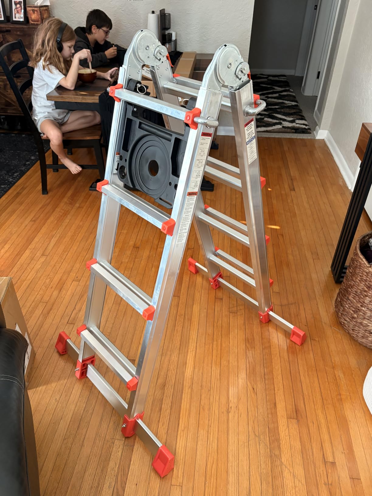 Soctone Ladder, A Frame Extension Ladder, Multi Position with Stabilizer Bar, 330 lbs Weight Rating Telescoping Ladder for Household or Outdoor Work, 14 Ft, Orange customer photo 1
