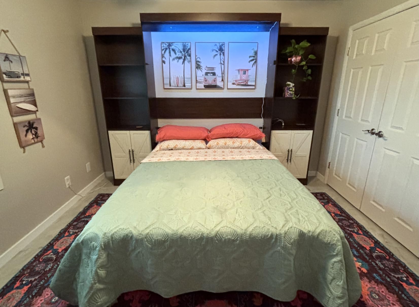 Hlivelood Queen Size Murphy Bed with 2 LED Lights, Farmhouse Wood Hidden Foldable Wall Bed Frame w/Gas Struts, Storage Bed Cabinet for Bedroom, Office, Space-Saving, No Box Spring Needed, Rustic White customer photo 1