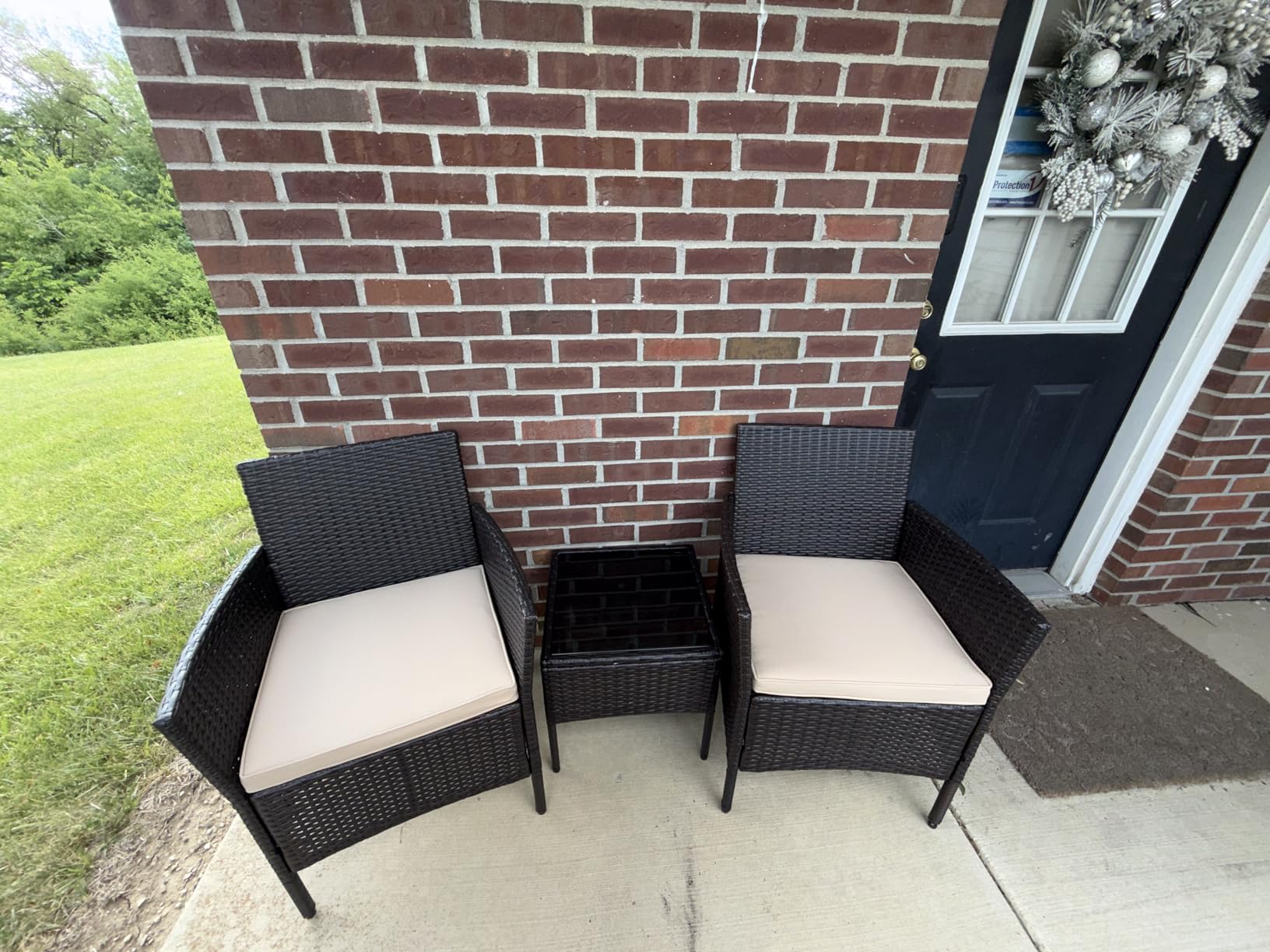 Yaheetech 3 Pieces Patio Conversation Set, Outdoor Rattan Bistro Furniture, 2 Chairs with Cushions & 1 Side Table for Bistro/Porch/Garden/Deck/Courtyard, Black/Khaki customer photo 2