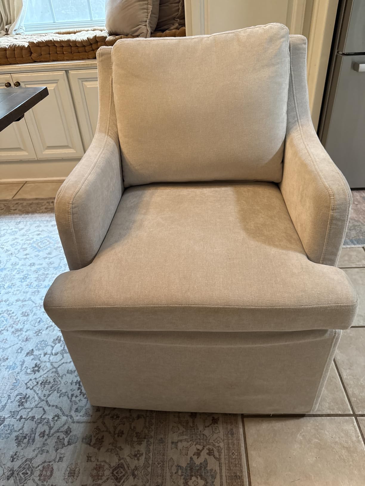 VKNOW Upholstered Dining Chairs Set of 2, Dining Room Chairs with Casters | Modern Rolling Dining Chairs with Armrest, Soft Chenille Fabric, Washable Cover, Easy Assembly, Living Room, Bedroom, Cream customer photo 1
