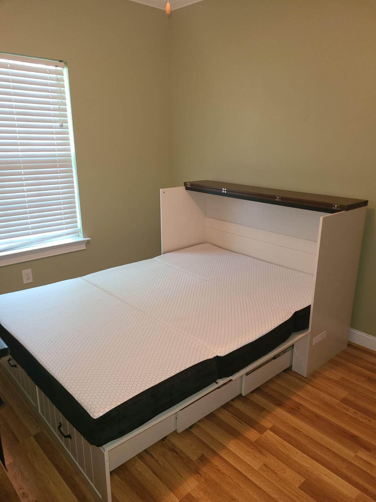 Full Murphy Bed with Storage & Charging Station, Farmhouse Murphy Cabinet Bed with Large Drawer, Hideaway Foldable Platform Bed for Guest Room, Bedroom, Home Office, Mattress Not Included, White customer photo 1
