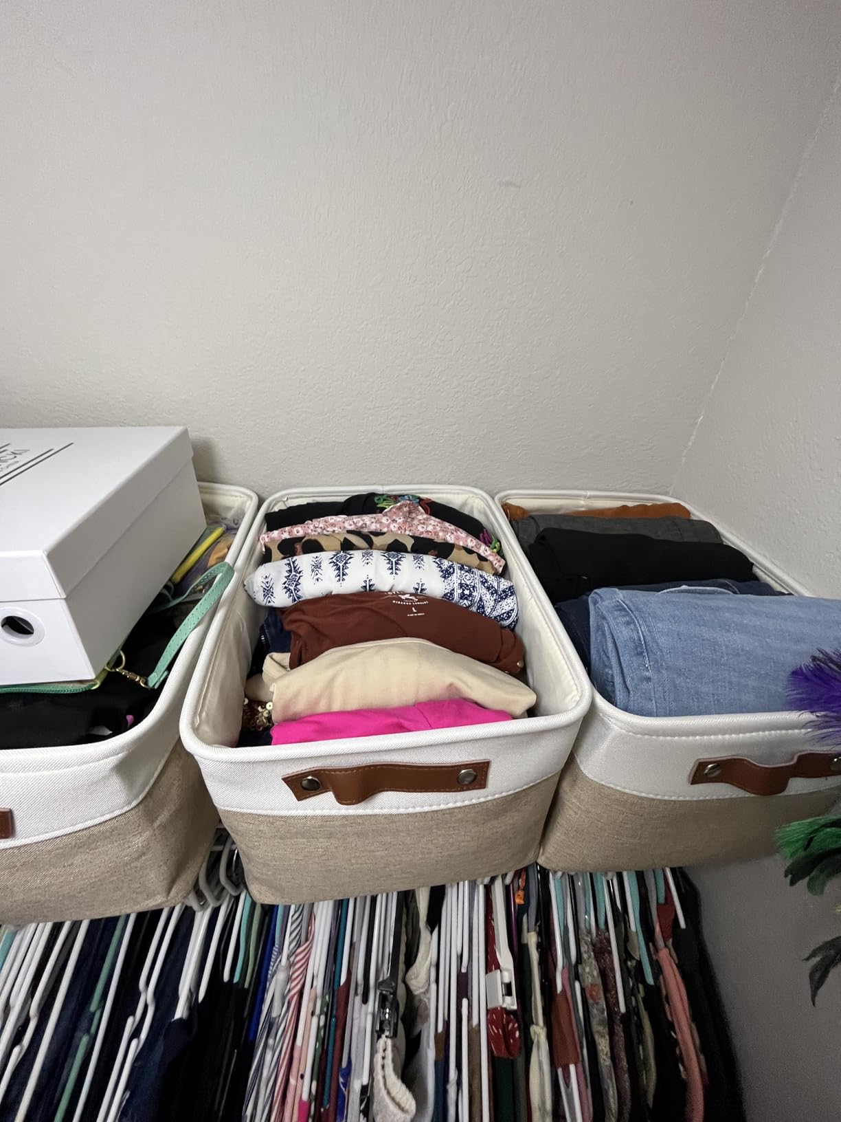 DECOMOMO Storage Bins, Large Fabric Storage Baskets for Shelves, Decorative Linen Closet Organizer, 15 x 11 x 9.5 inches (Beige & White, 1 Pack) customer photo 1