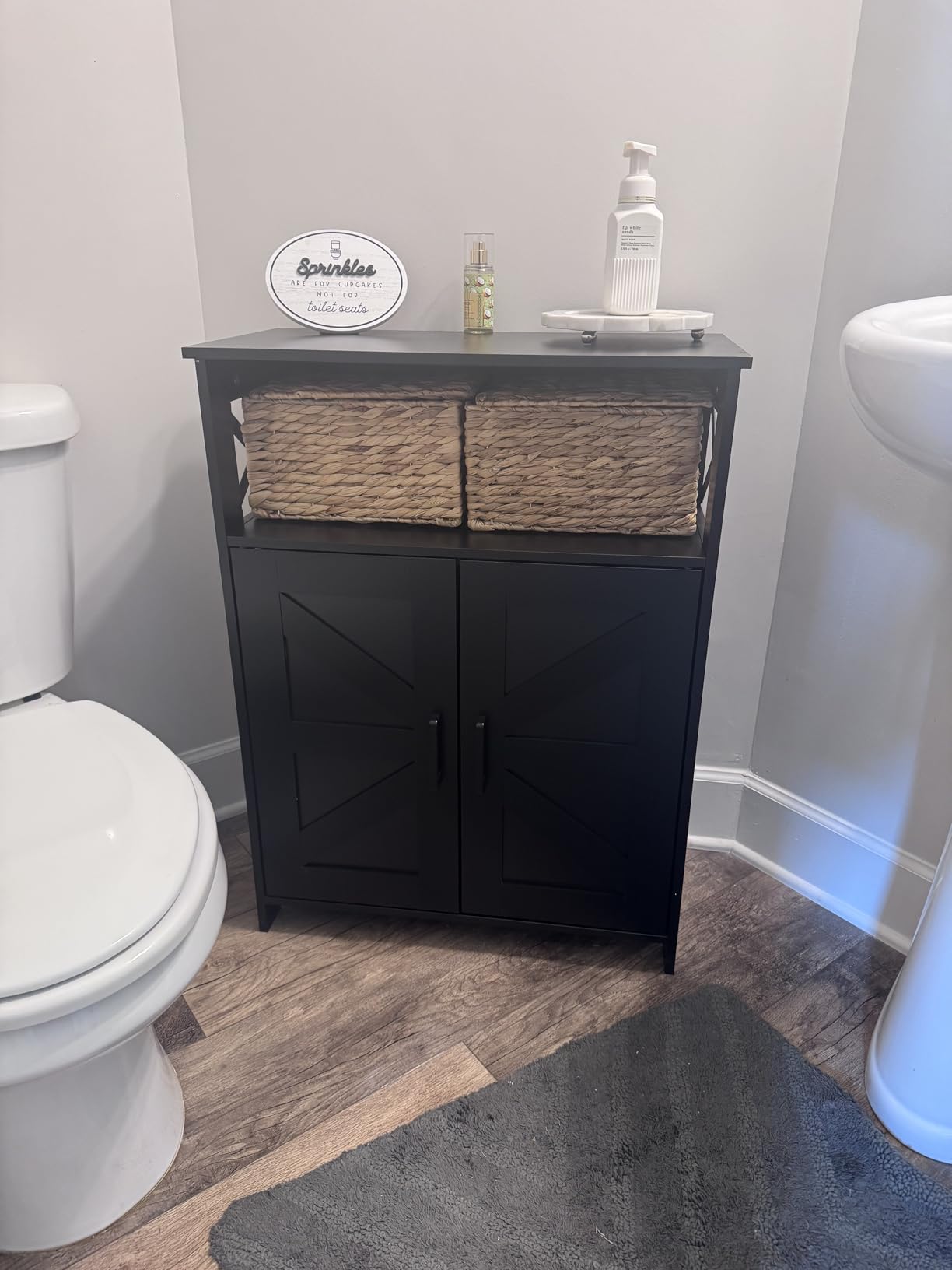 Homhedy Farmhouse Bathroom Storage Cabinet with 2 Doors, Toilet Paper Cabinet with Adjustable Shelf, Small Bathroom Cabinet for Kitchen/Laundry/Living Room, 11.8 x 23.6 x 31.5 Inches, Black customer photo 2
