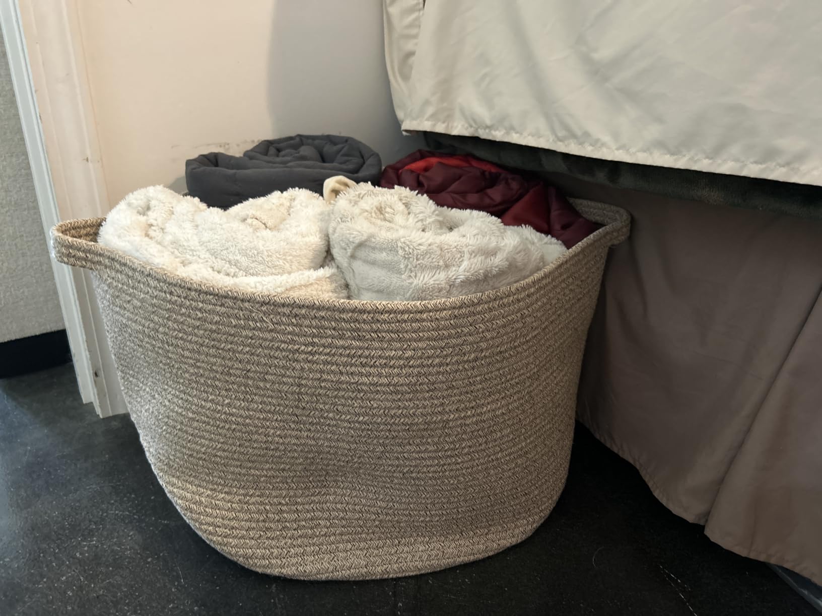 Large Woven Blanket Basket, 65L Cotton Rope Laundry Basket | Collapsible Nursery Storage Bin with Sturdy Handles for Clothes, Toys, Pillows, Living Room Bedroom Bathroom - White & Brown customer photo 1