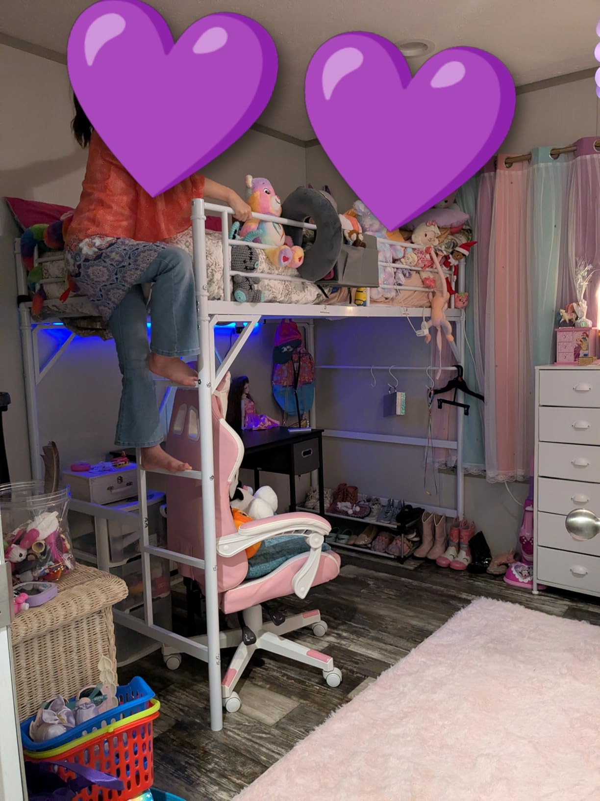 Twin Size Loft Bed with LED Lights and Charging Station, Industrial Heavy Duty Metal Loft Bed Frame with Ladder and Guardrail for Kids Adults, Small Space Saving Design for Bedroom Dorm, Vintage Brown customer photo 2