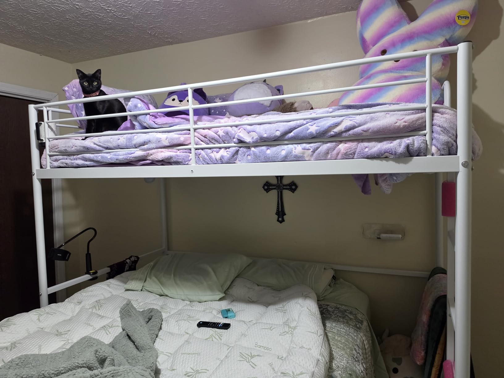 VECELO Loft Bed Twin Size, Metal Bedframe with Removable Ladder and Safety Guardrail, No Box Spring Needed, Space Saving, Noise Free, Light Pink customer photo 2