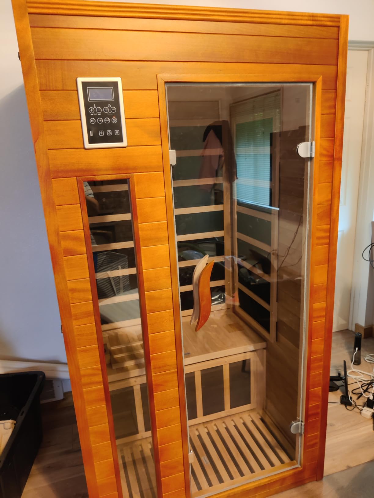 1-2 Person Infrared Sauna, Dry Heat Sauna with Red Light Therapy, Bluetooth, Radio, 7-Color Therapy Light for Home, Indoor, Gym, Wellness Center, 40'' x 36'' x 73'', Brown customer photo 1