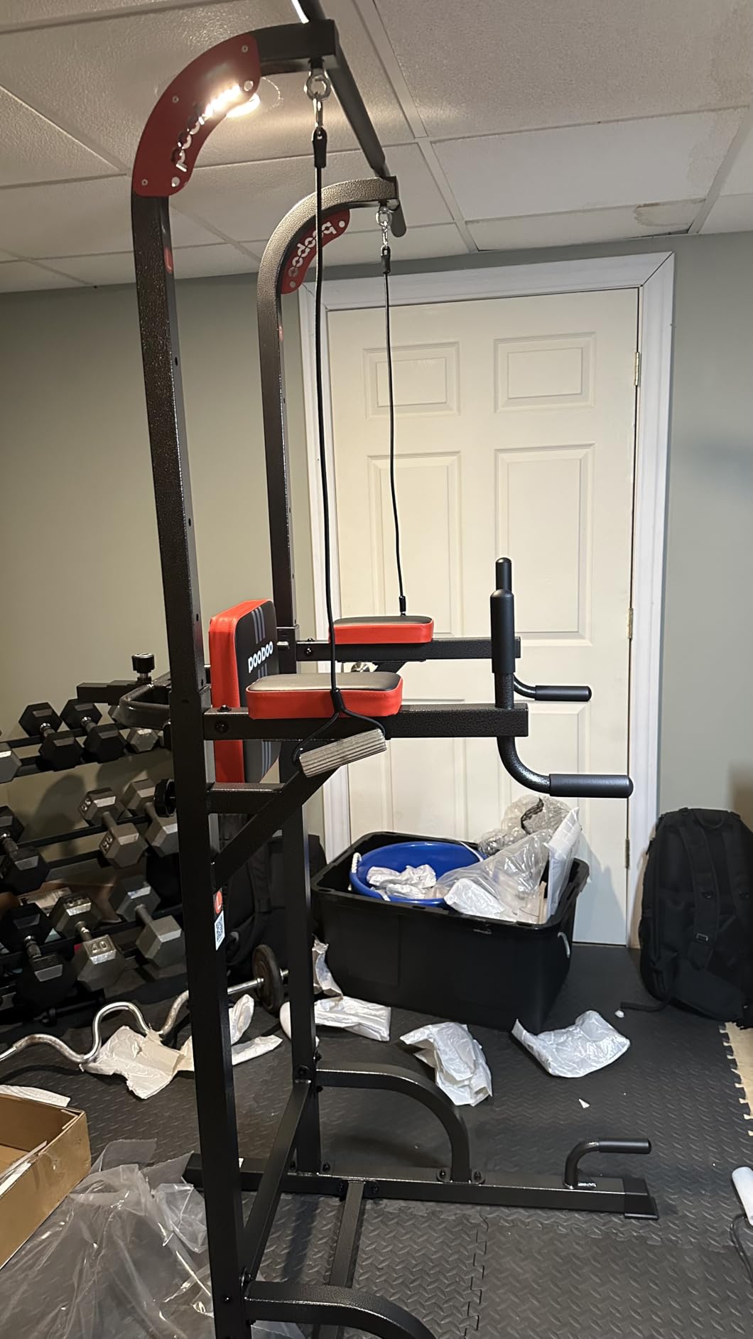 Pooboo Power Tower Dip Station Pull Up Bar for Fitness Home Gym Workout,450 Pounds Multi-Function Adjustable Height Fitness Strength Training Exercise Equipment,with Power Elastic Ropes customer photo 1