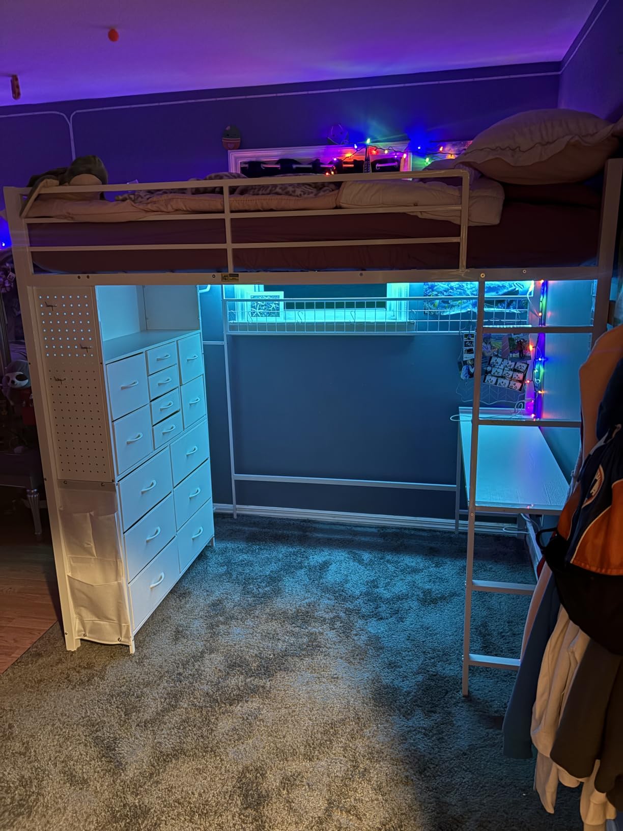 ADORNEVE Twin Loft Bed with Desk, 14 Storage Drawers & Power Outlet, Black - Metal Kids Loft Bed Twin Size with LED Lights, Pegboard, Safety Guardrail & Ladder, Space Saving for Teens, Small Rooms customer photo 1