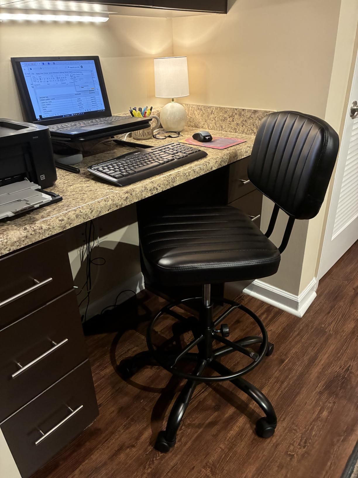 DUMOS Armless Drafting Chair, Low Back Office Seat with Adjustable Footrest Ring for Standing Desk, Ergonomic PU Leather Office Seating, Swivel Rolling High Stool for Studio, Lab, Counter, Black customer photo 1