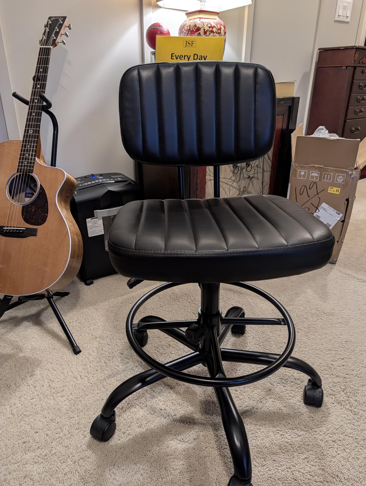 DUMOS Armless Drafting Chair, Low Back Office Seat with Adjustable Footrest Ring for Standing Desk, Ergonomic PU Leather Office Seating, Swivel Rolling High Stool for Studio, Lab, Counter, Black customer photo 2